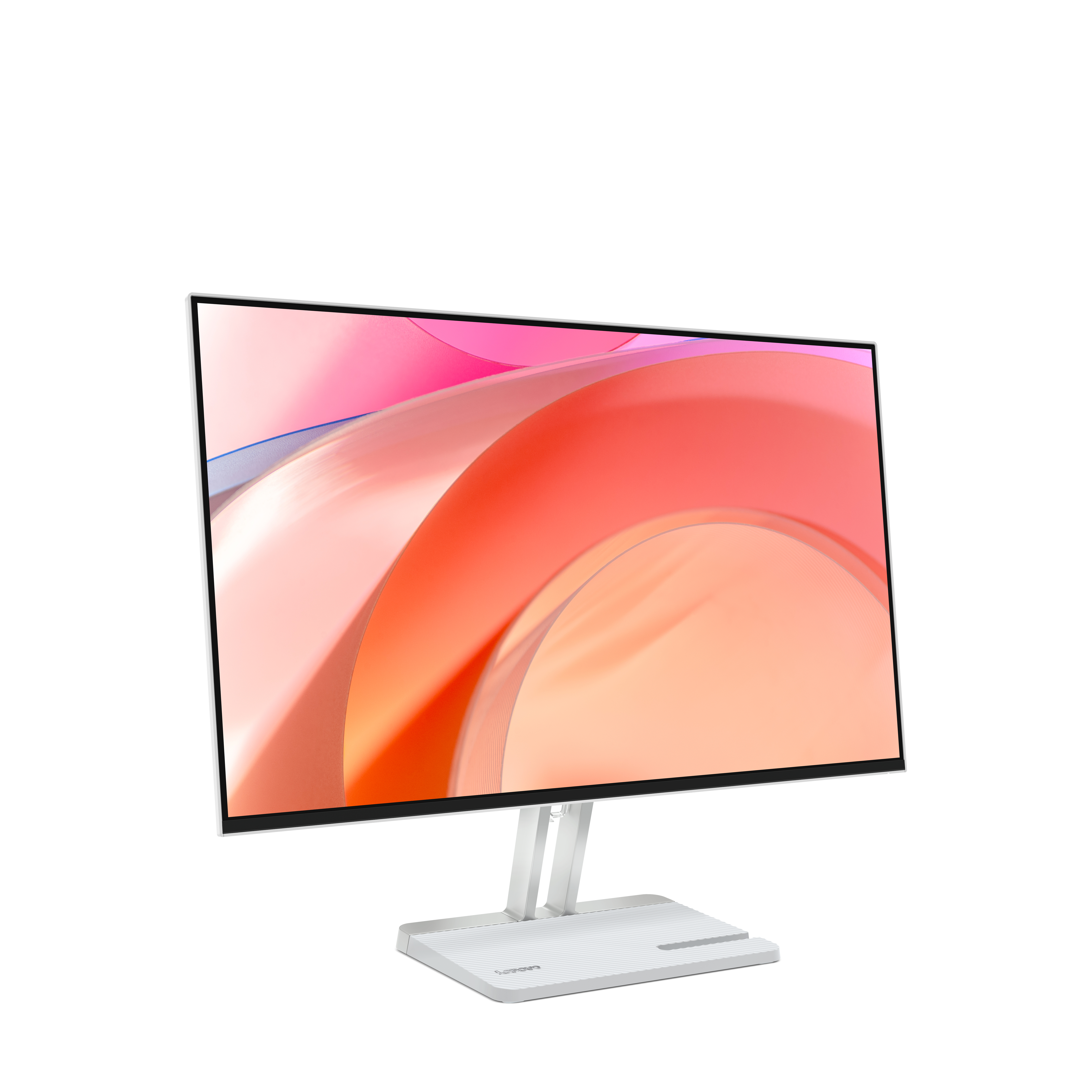 Ein Monitor auf weißem Hintergrund. Der Bildschirm zeigt abstrakte rote, orange und rosa Formen. Der Sockel ist weiß.