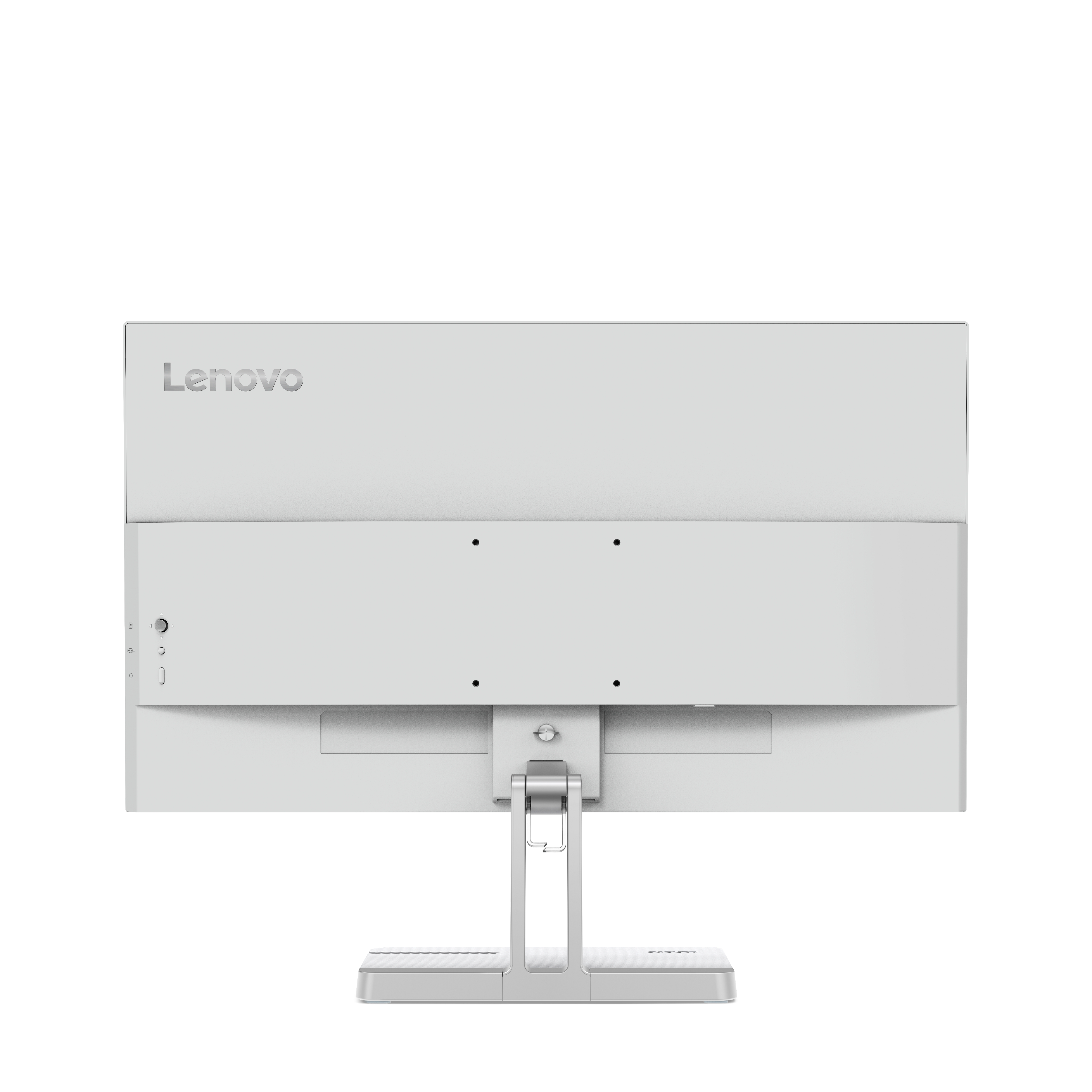 Rückseite eines weißen Lenovo-Monitors. Er hat einen Ständer und Anschlüsse. Der Markenname ist sichtbar.
