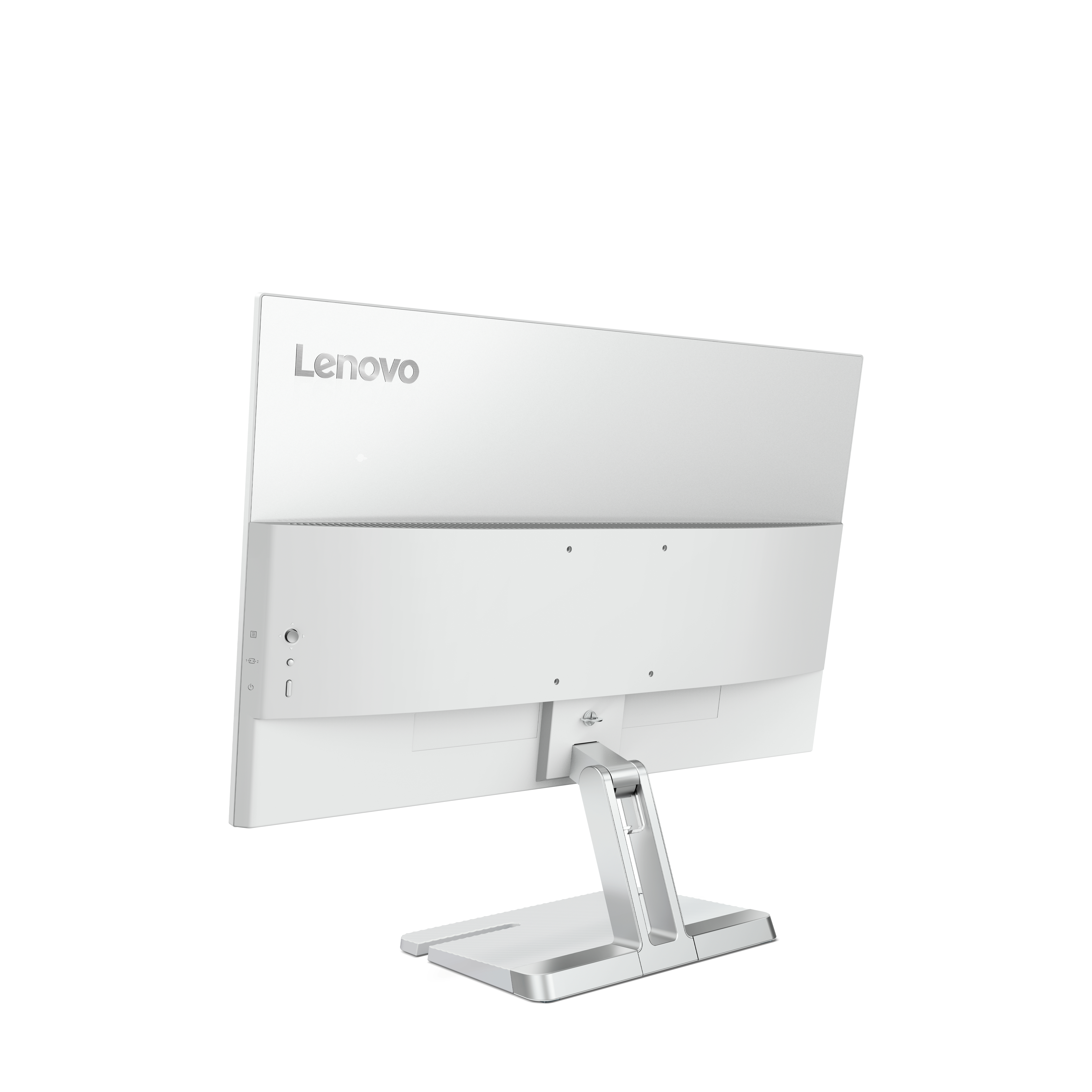 Ein weißer Lenovo-Monitor, von hinten gesehen. Er hat einen silbernen Ständer und einen weißen Hintergrund.