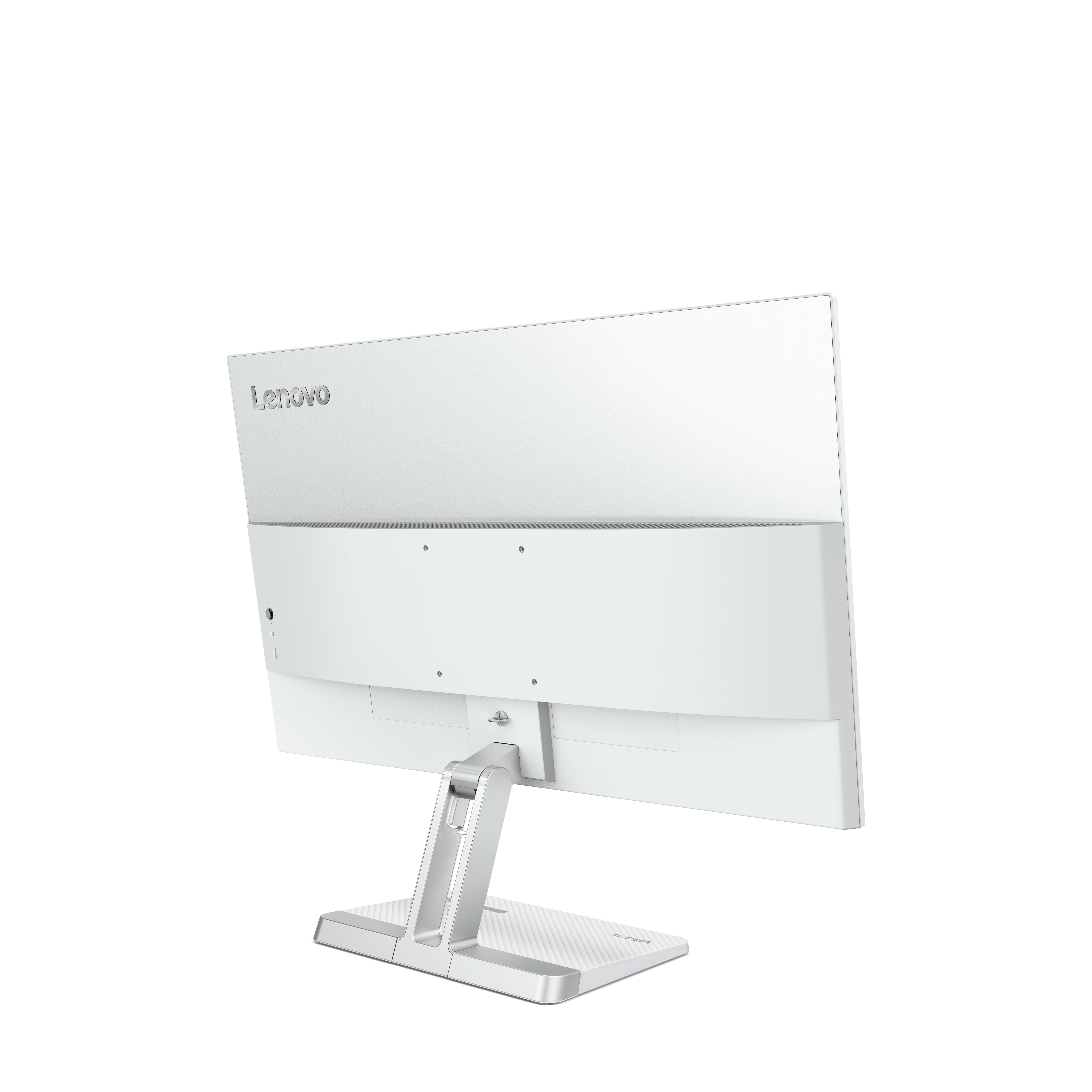 Die Rückseite eines weißen Lenovo-Monitors wird gezeigt. Ein silberner Ständer stützt ihn. Das Logo Lenovo ist sichtbar.