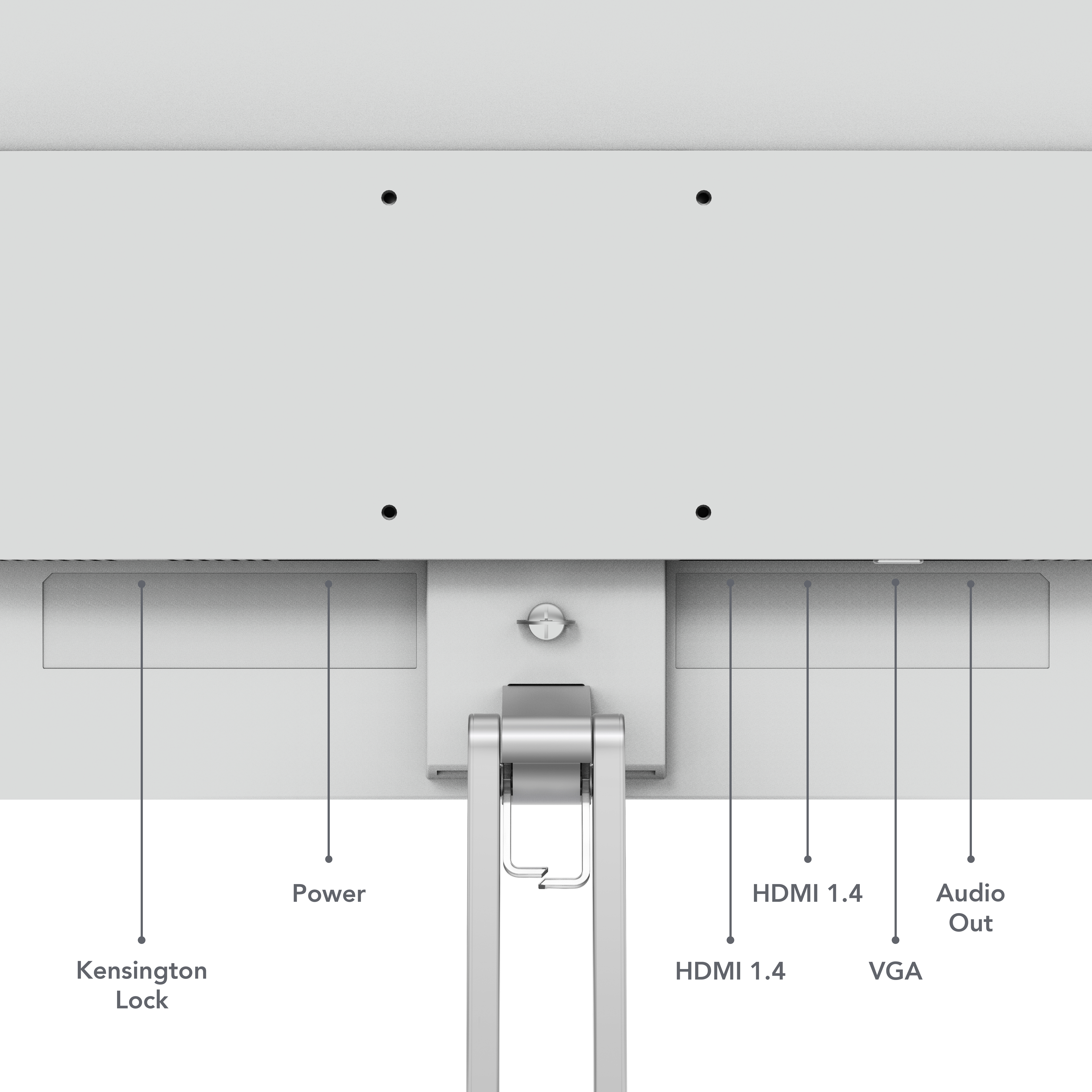 Rückseite eines Monitors mit Anschlüssen: Kensington Lock, Power, HDMI, VGA, Audio Out. Auch Befestigungslöcher und ein Ständer.