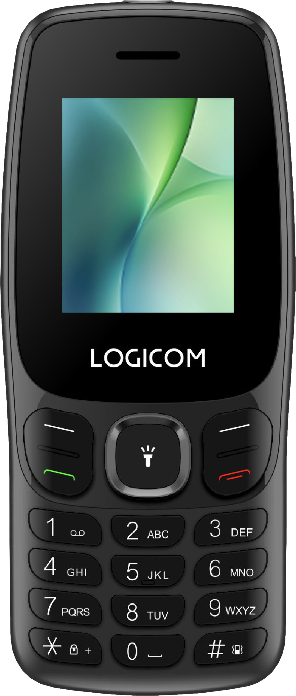 Téléphone LOGICOM noir. Comprend un écran, un clavier et des boutons. L'écran affiche un motif abstrait vert et blanc.