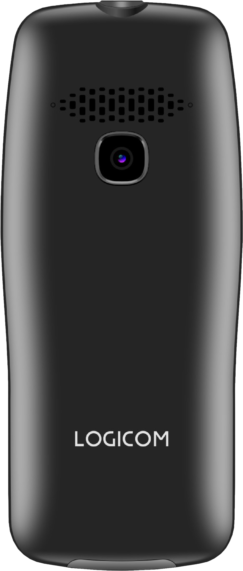 Dos noir d'un téléphone LOGICOM. Comprend une caméra, un haut-parleur et le nom de la marque. Design arrondi.