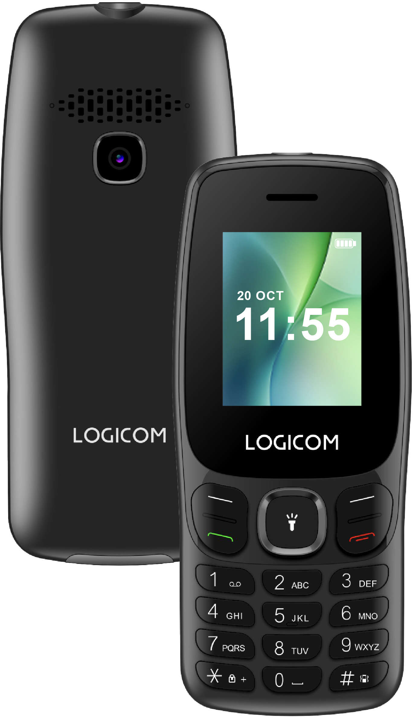Deux téléphones portables noirs. L'un affiche l'heure et la date. L'autre a le logo LOGICOM.
