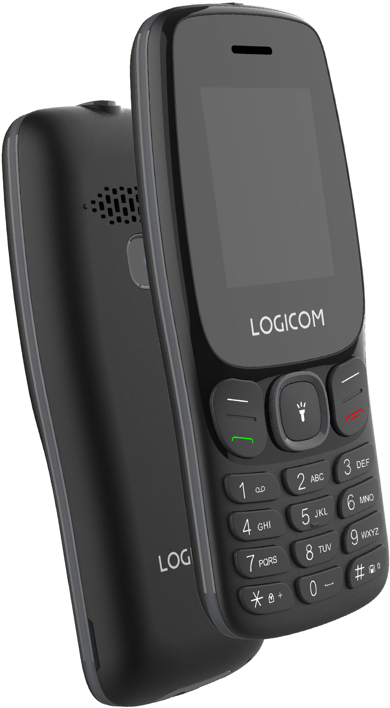 Un téléphone portable LOGICOM noir est affiché. Il possède un clavier, un écran et des boutons. Un autre téléphone est flou en arrière-plan.