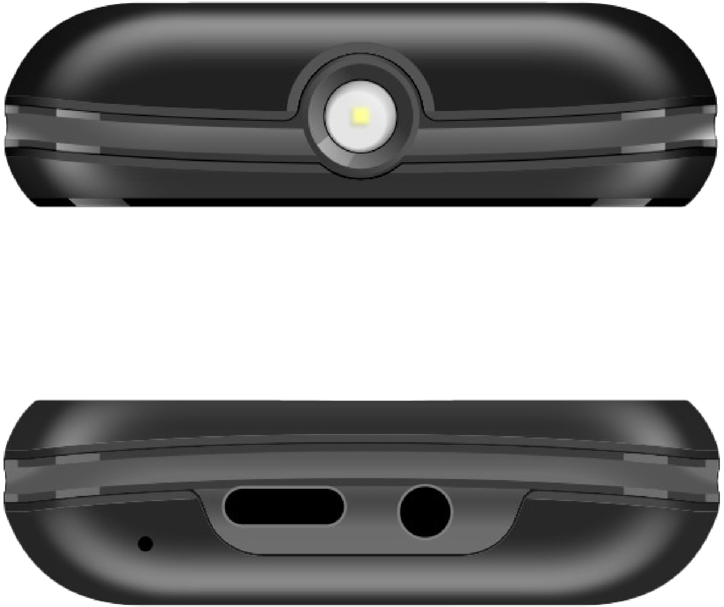 Vues supérieure et inférieure d'un téléphone noir. Le haut montre une caméra et un flash. Le bas a un port de chargement et une prise casque.