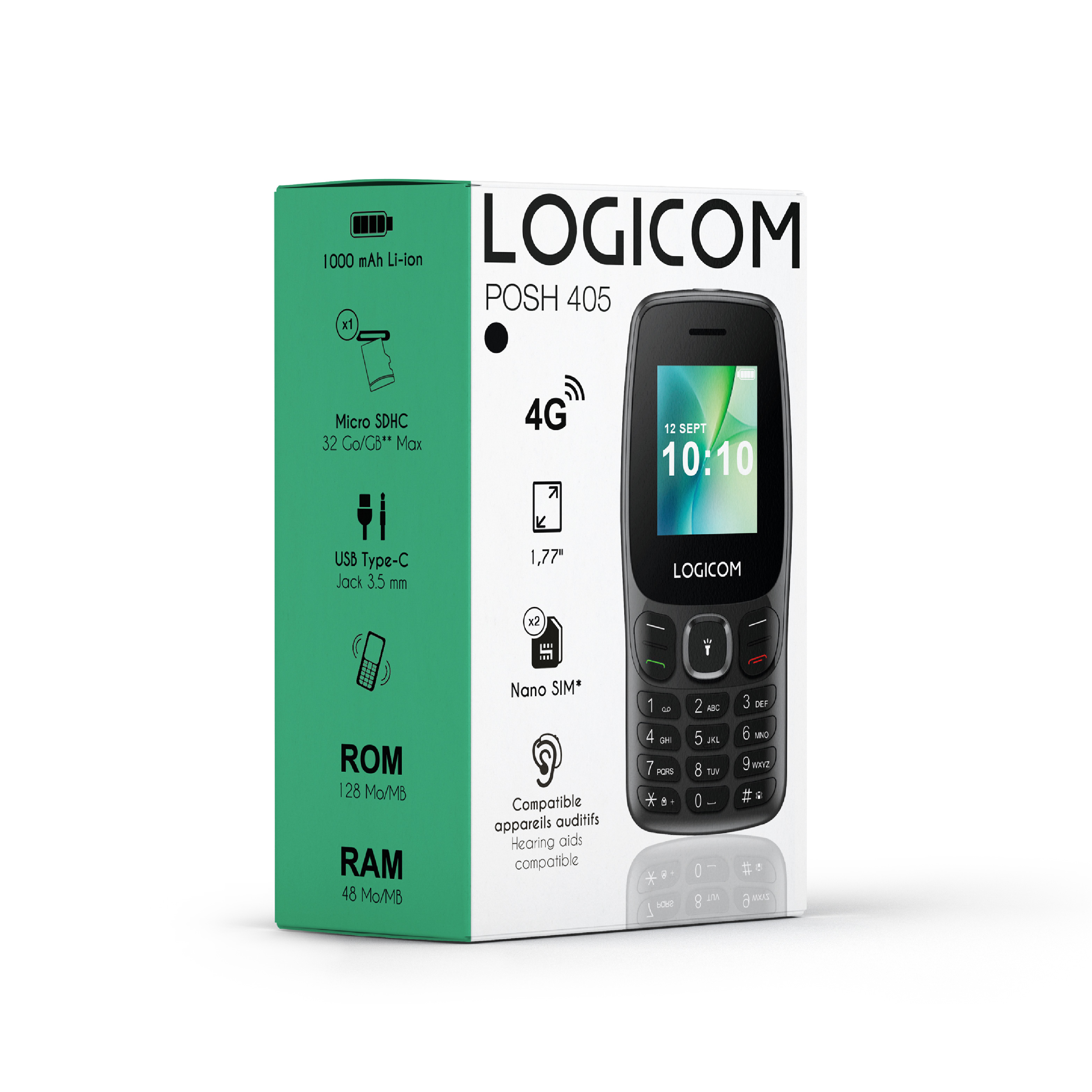 Boîte du téléphone Logicom Posh 405. Le téléphone noir est affiché. Caractéristiques : 4G, Nano SIM, 1,77", 128 Mo ROM et 48 Mo RAM.