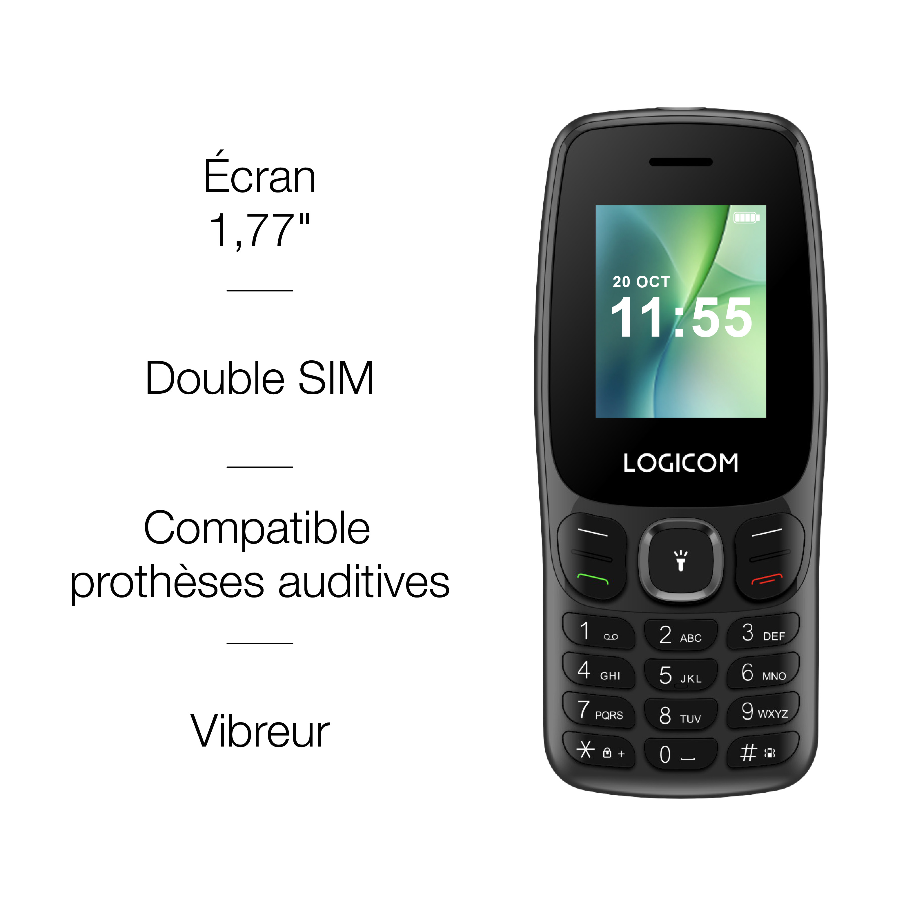 Un téléphone LOGICOM noir affiche la date et l'heure. Il possède un clavier numérique et plusieurs descriptions textuelles.