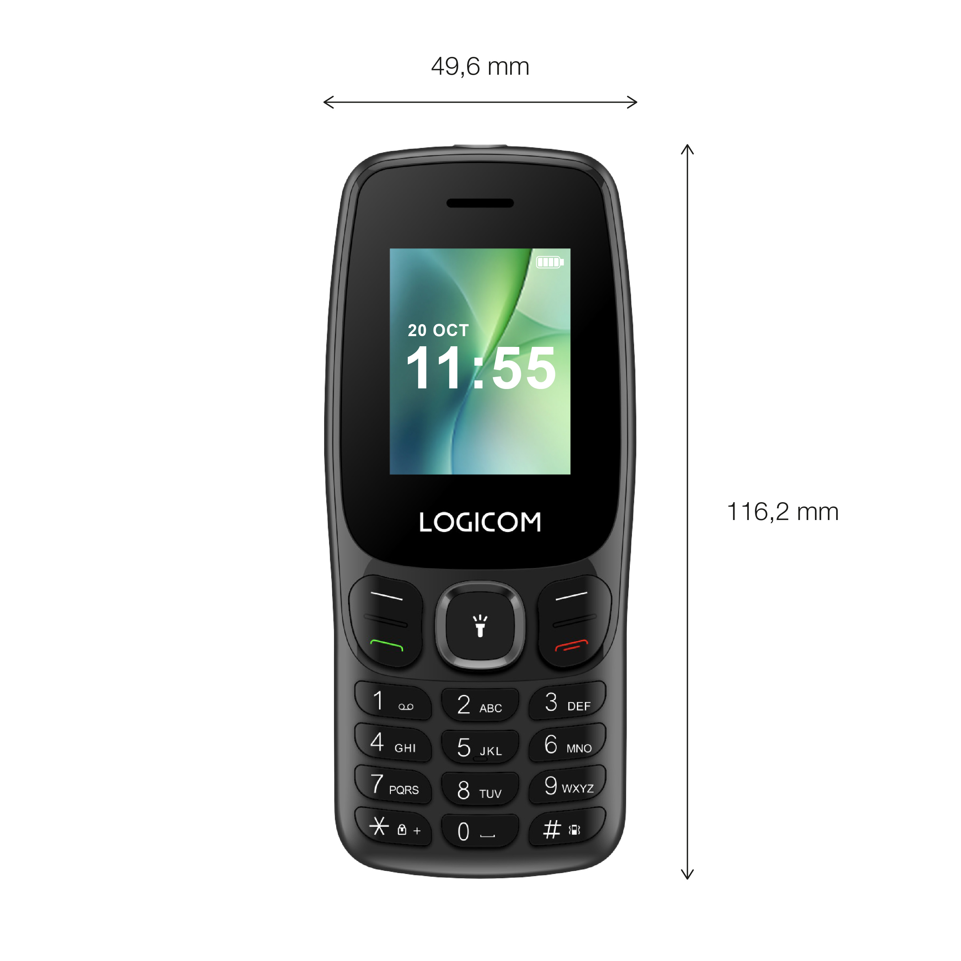Téléphone Logicom noir. L'écran affiche la date, l'heure et l'icône de la batterie. Possède un clavier avec chiffres et lettres.