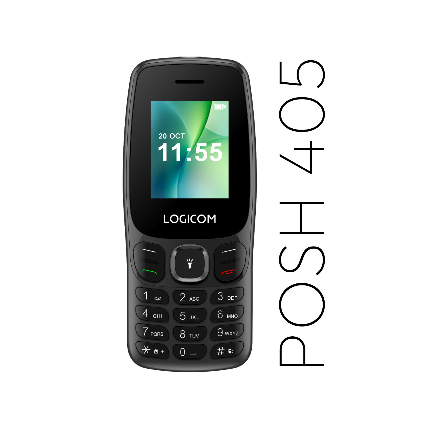 Un téléphone mobile noir LOGICOM POSH 405 avec un écran affichant l'heure et la date, sur fond blanc.