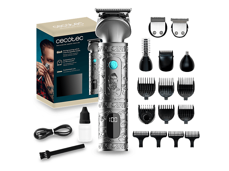 Cortapelos - Cecotec PrecisionCare Samurai Profiling, Multigrooming, 6 cabezales, 10 peines para diferentes zonas, Autonomía 150 min, Negro