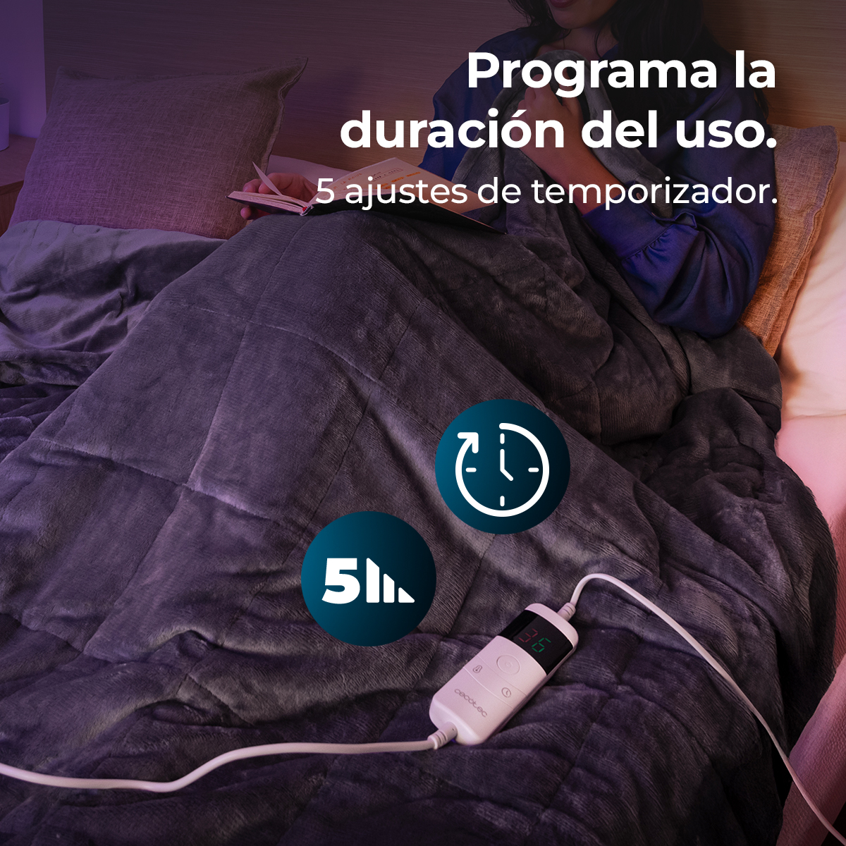 Una persona bajo una manta gris, con un panel de control e iconos de temporizador. Texto: programa la duración de uso, 5 ajustes de temporizador.