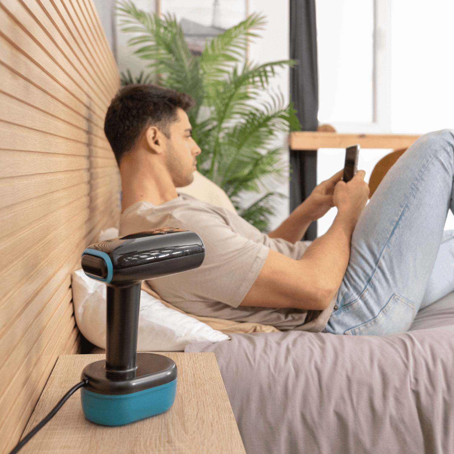 Hombre en la cama usando el teléfono, con un dispositivo negro y turquesa en la mesita de noche. Cabecero de madera y planta verde al fondo.