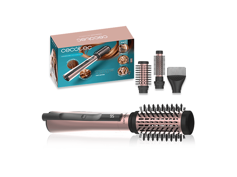 Rizador - Cecotec CeramicCare 3in1 AirBrush, 3 en 1, Función Iónica, 1200W, Cabezales intercambiables, Modos de calor, Seca, Moldea, Da volumen, Rosa