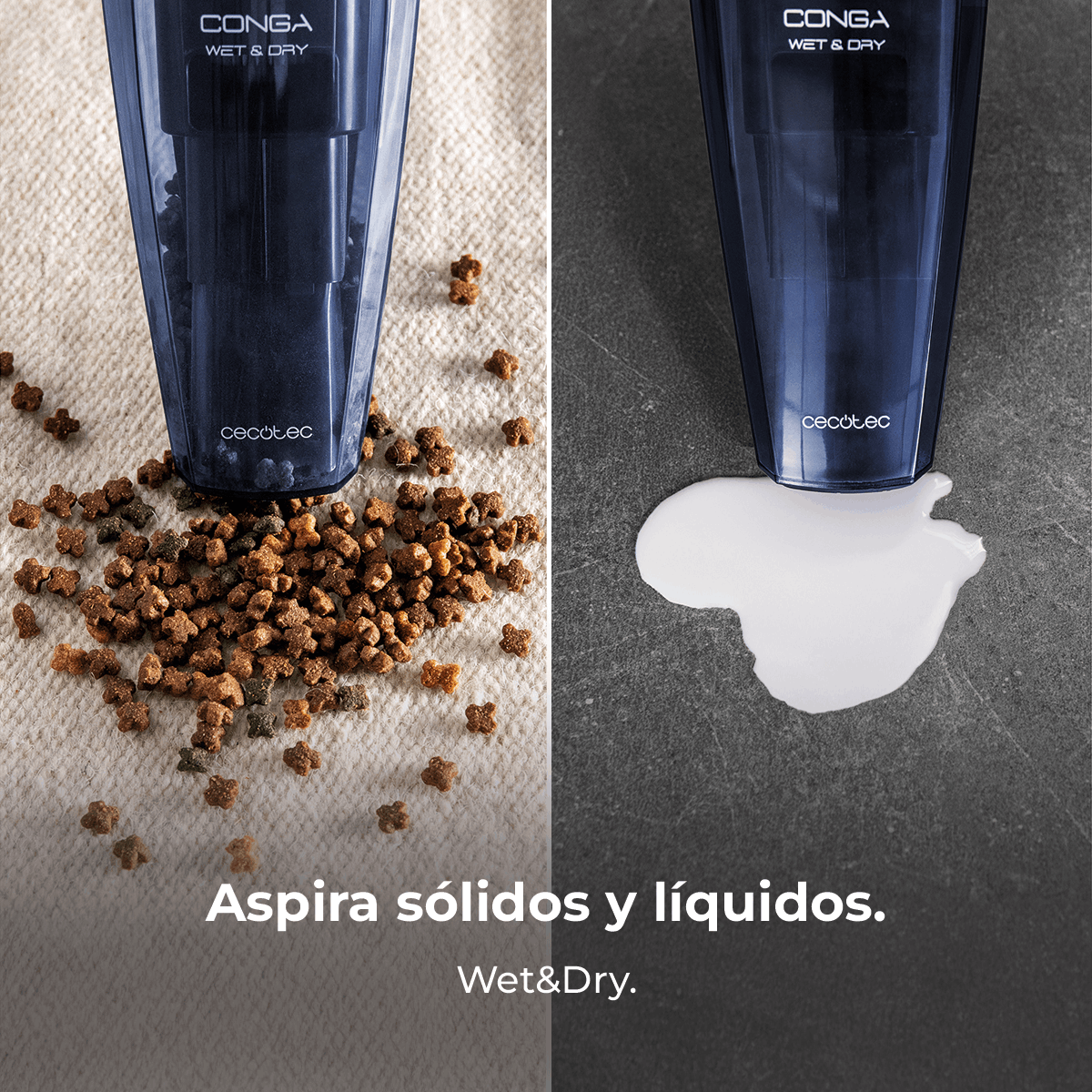 Una aspiradora elimina materiales secos y húmedos. A la izquierda, comida para mascotas; a la derecha, un líquido blanco. Texto: Wet & Dry.