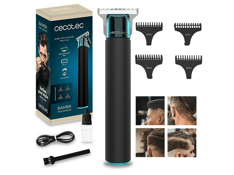 Cortapelos - Cecotec PrecisionCare Profiling, Motor brushless silencioso, 90 min autonomia, 4 peines guía, Negro