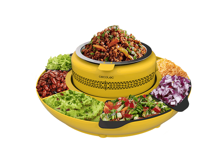 Máquina para calentar tacos - Cecotec Fun Taco Andale, 40 W, Recipiente calentador, 4 compartimentos, Con moldes de silicona, Amarillo