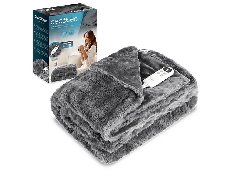 Manta eléctrica - Cecotec HeatConfort Noa (160 x 130), Apagado Automático, 10 Niveles de temperatura ajustables, Faux Fur, Gris