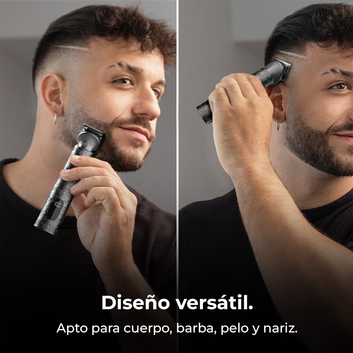 Un hombre se afeita la barba y la cabeza con una recortadora negra. La recortadora tiene pantalla digital y patrones.