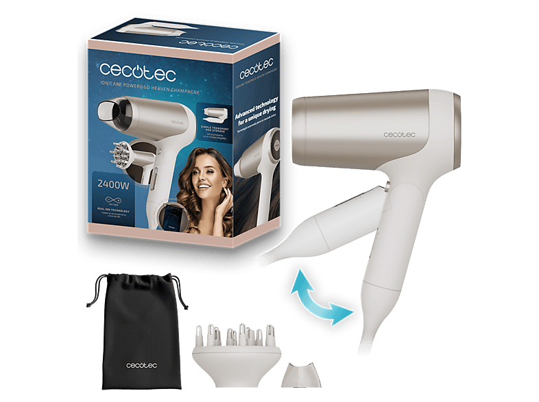 REACONDICIONADO Seminuevo Muy bueno Secador - Cecotec IoniCare Power&Go Heaven Champagne, 2400W, Plegable, Función Iónica, Con difusor, Crema