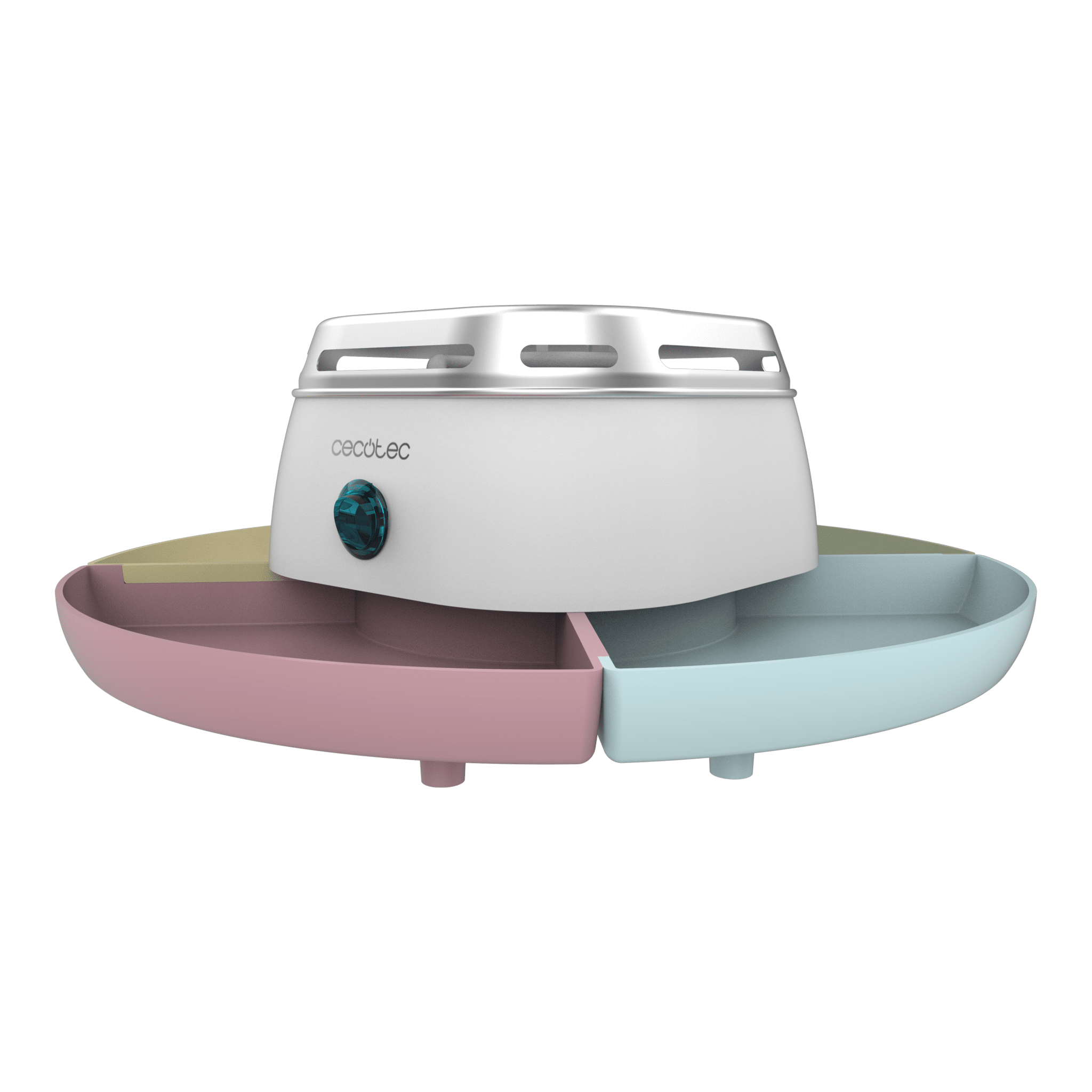 Un electrodoméstico blanco y plateado con una bandeja rosa, amarilla y azul. Tiene una perilla azul y la marca 'cecotec'.