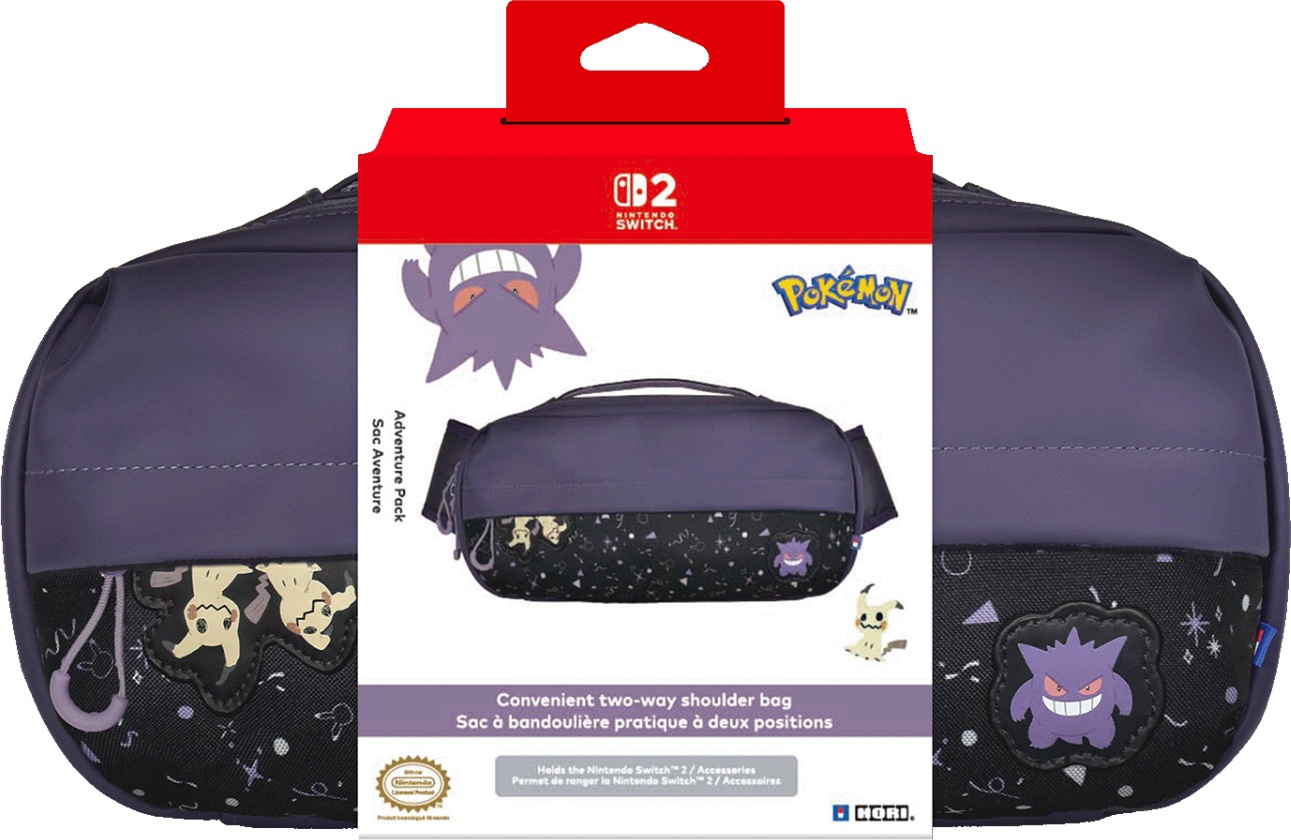 Una borsa a tracolla di Pokémon viola e nera. Ha disegni di Gengar e Mimikyu. La borsa è davanti a una scatola rossa di Nintendo Switch.
