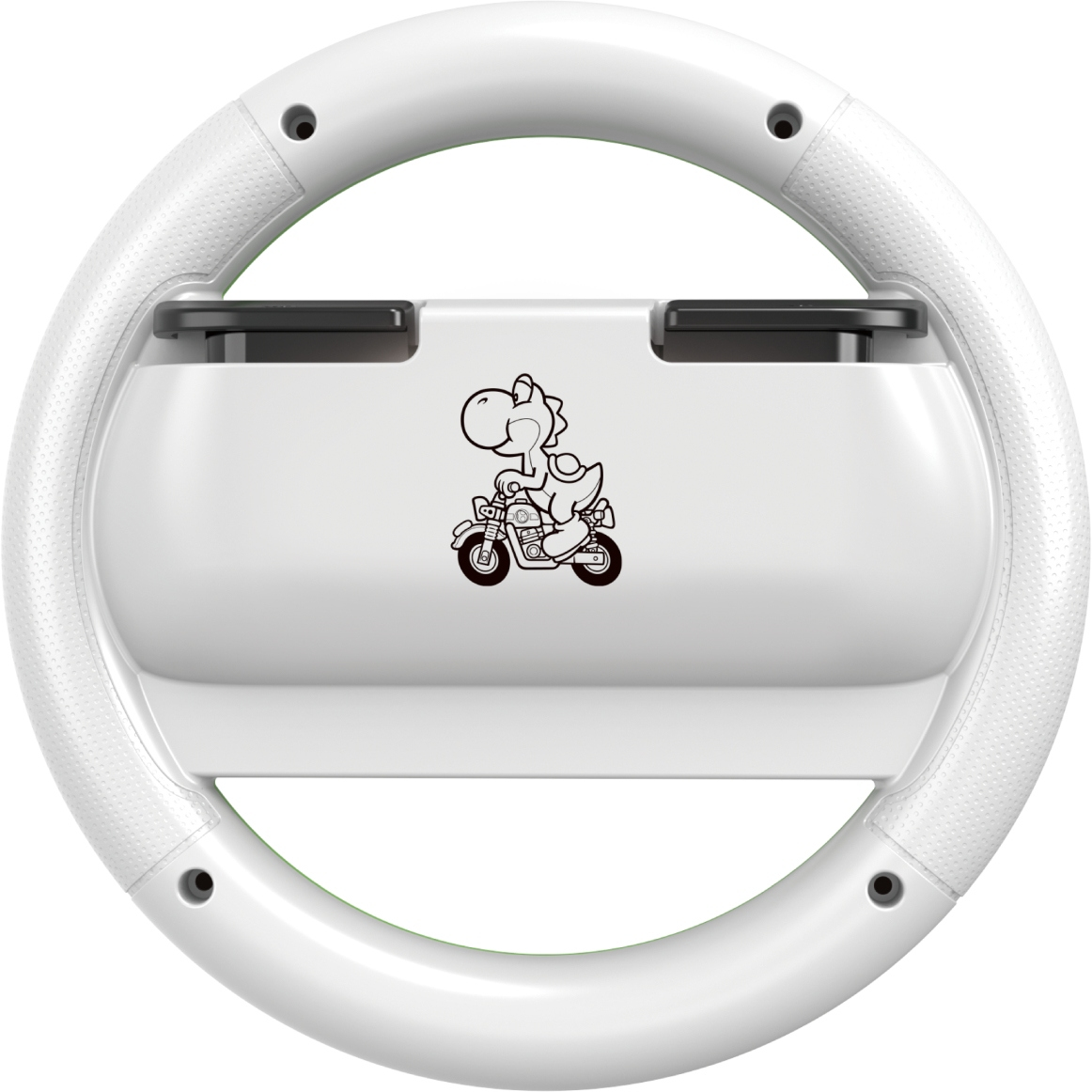 Weißes Lenkrad mit Yoshi-Grafik in der Mitte. Yoshi fährt Motorrad. Das Rad hat einen strukturierten Griff.