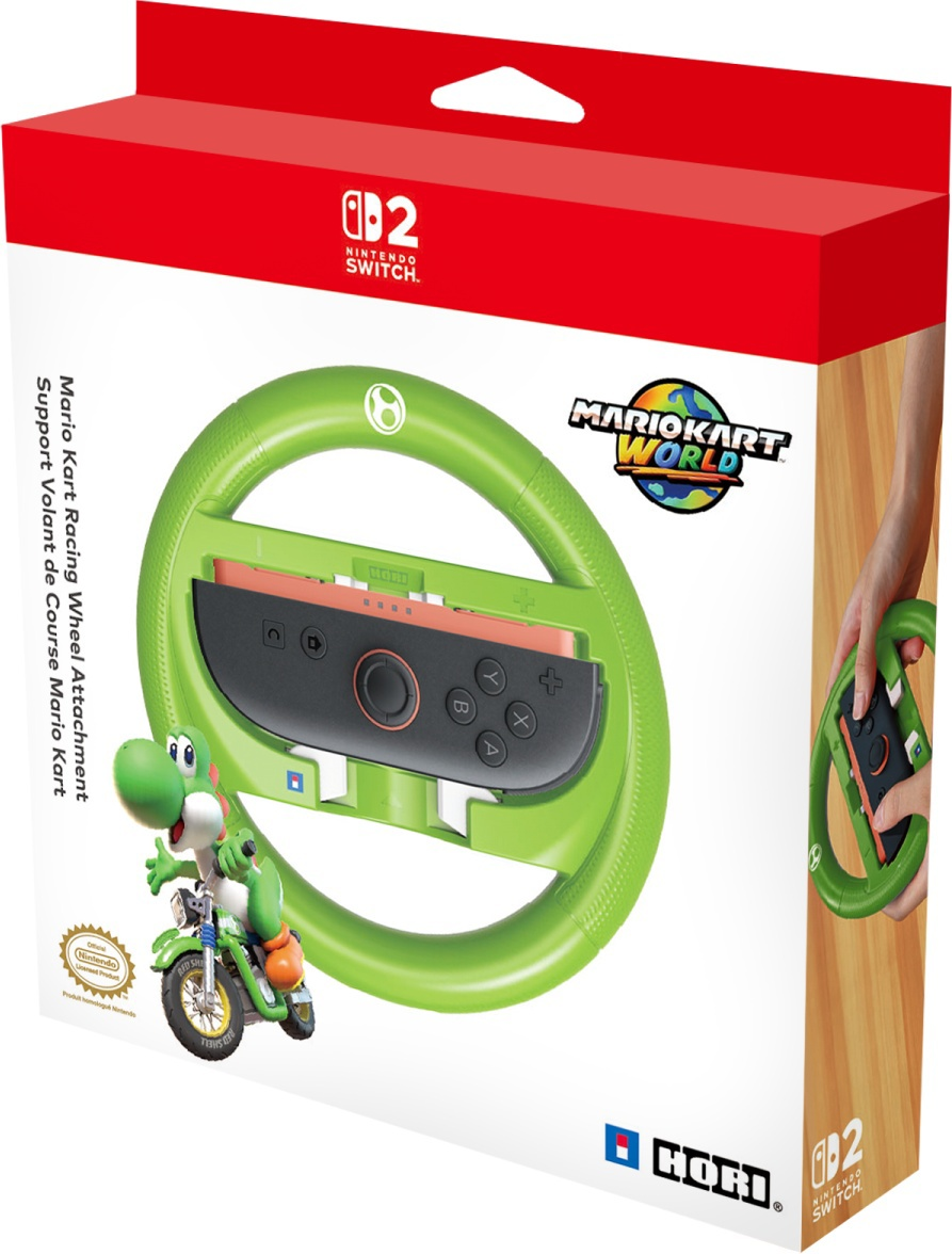 Box-Art für Mario Kart Lenkradaufsatz. Merkmale: grünes Rad, Nintendo Switch Logo, Yoshi auf Motorrad und Mario Kart World Logo.