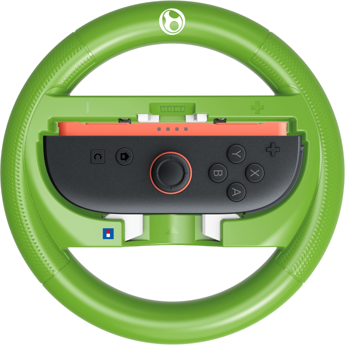 Grünes Lenkrad mit schwarzem Controller. Es hat Knöpfe und einen zentralen Stick. Das Lenkrad hat ein weißes Yoshi-Logo.