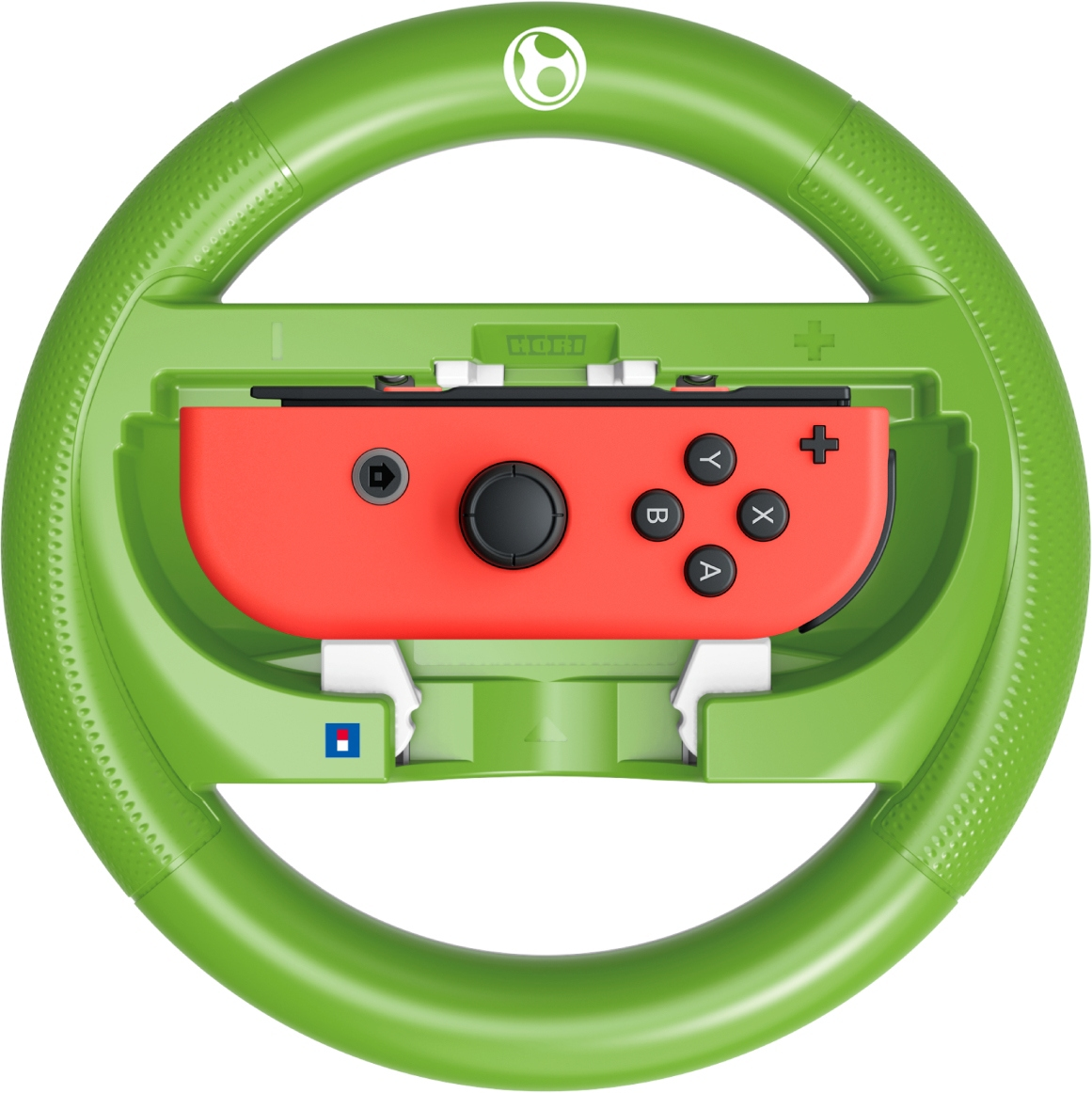 Grünes Lenkrad mit rotem Controller in der Mitte. Das Lenkrad hat ein Yoshi-Logo. Knöpfe auf dem Controller sind sichtbar.