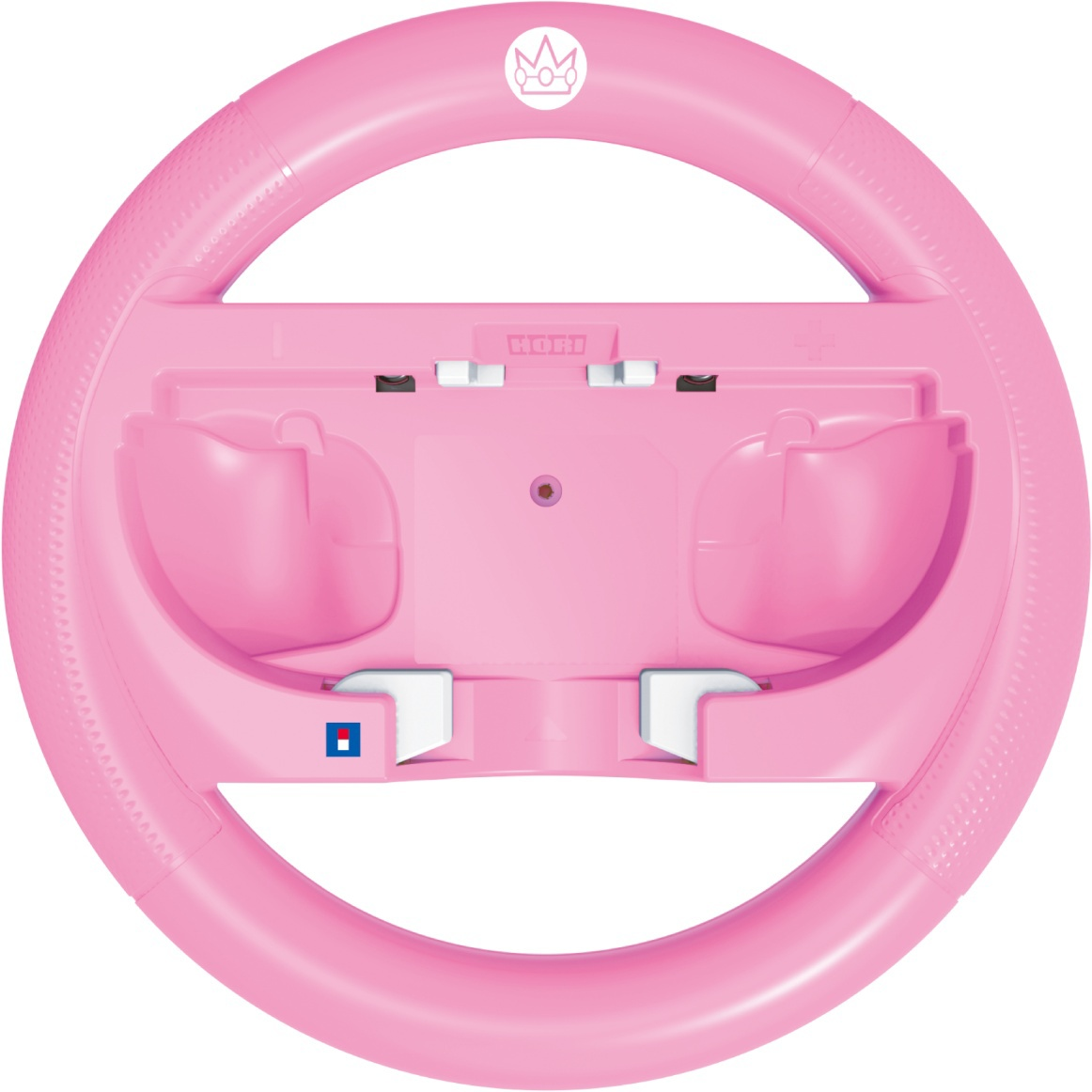 Ein pinkfarbenes Hori-Lenkrad für Nintendo Switch. Es hat ein Kronenlogo und Controller-Anschlüsse.