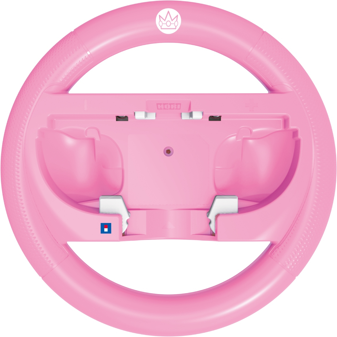 Ein pinkfarbenes Hori-Lenkrad für eine Spielkonsole. Es hat ein Kronenlogo und Platz für den Konsolen-Controller. Das Lenkrad ist pink.