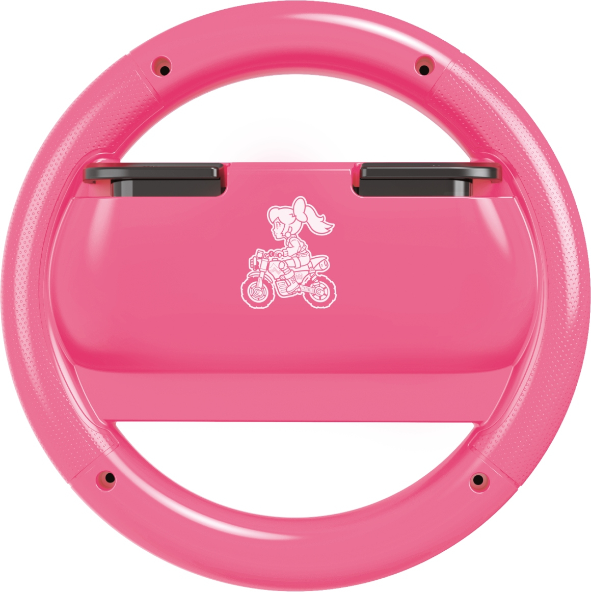Ein pinkfarbener, lenkradförmiger Gamecontroller. Er hat einen weißen Aufkleber eines Mädchens auf einem Motorrad in der Mitte.