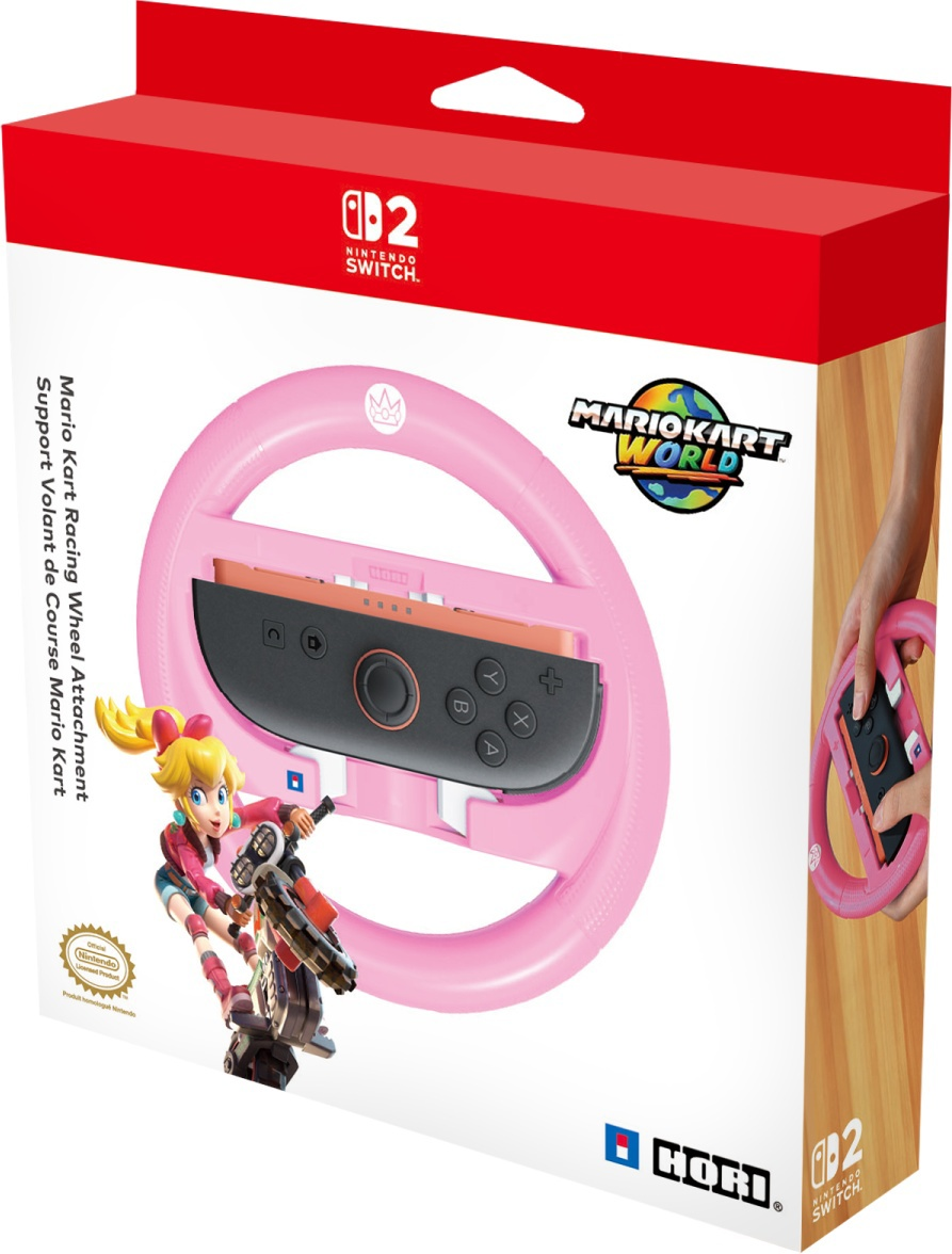Schachtel mit einem Mario Kart Rennlenkrad-Aufsatz. Rosa Rad mit einem Nintendo Switch-Controller. Peach auf einem Motorrad abgebildet.