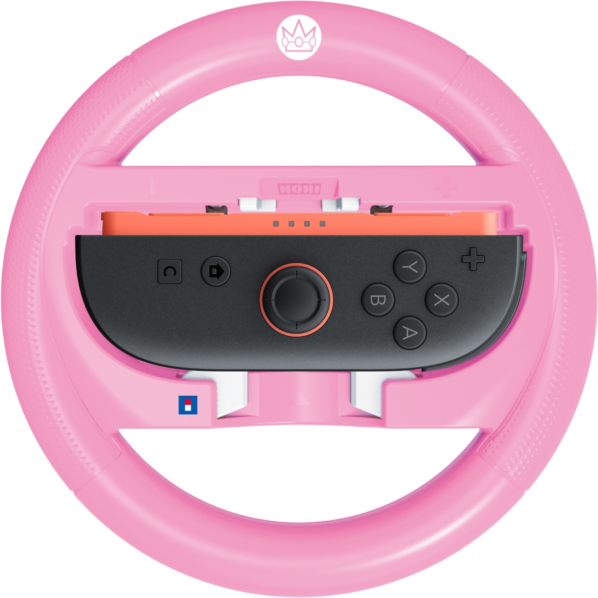 Rosa Lenkrad mit Nintendo Switch Controller. Das Rad hat ein Kronenlogo, der Controller Tastenbeschriftungen.