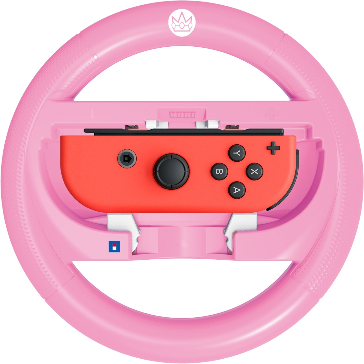 Ein pinkfarbenes Nintendo Switch-Lenkrad mit einem orangefarbenen Controller. Tasten Y, X, B, A sind sichtbar. Das Lenkrad hat ein Kronenlogo.