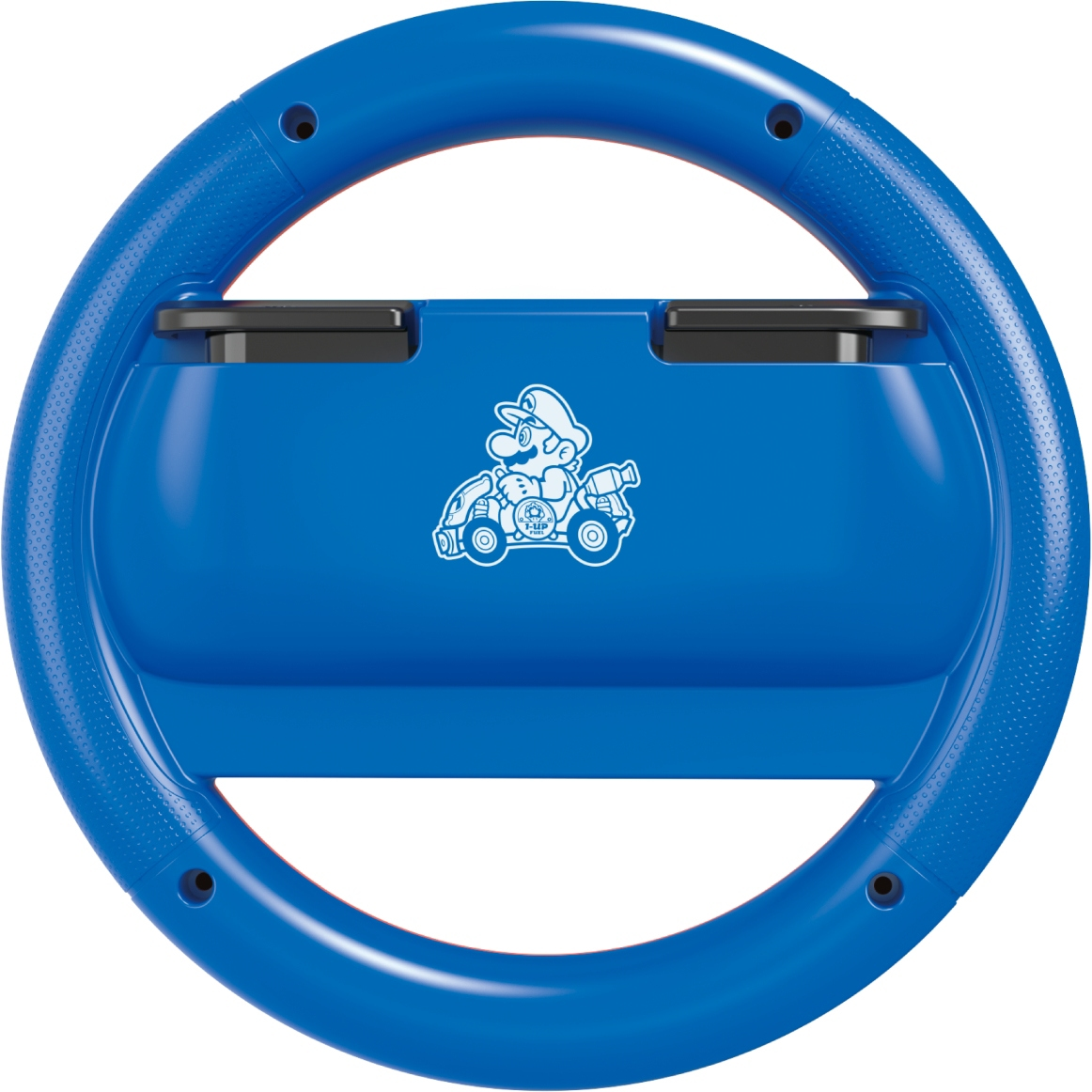 Blaues Lenkrad mit Mario-Logo in der Mitte. Es hat eine runde Form mit zwei schwarzen Knöpfen oben.