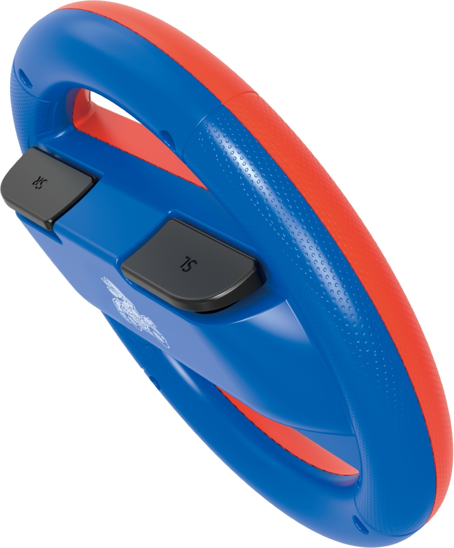 Ein blau-rotes Lenkrad für eine Spielkonsole mit schwarzen Tasten mit der Aufschrift 'SR' und 'SL'.