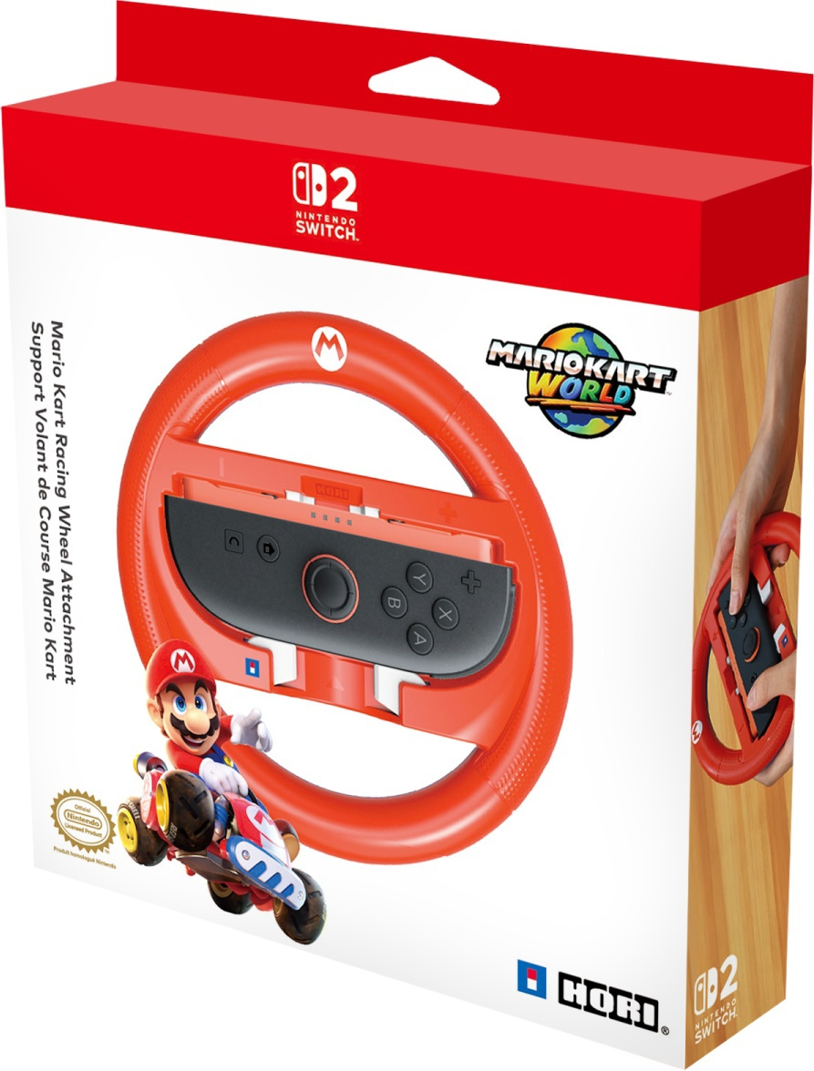 Eine Nintendo Switch Mario Kart Lenkrad-Aufsatzbox. Mario-Figur und Kart werden gezeigt. Eine Hand hält ein Rad. Rote, weiße und schwarze Farben.