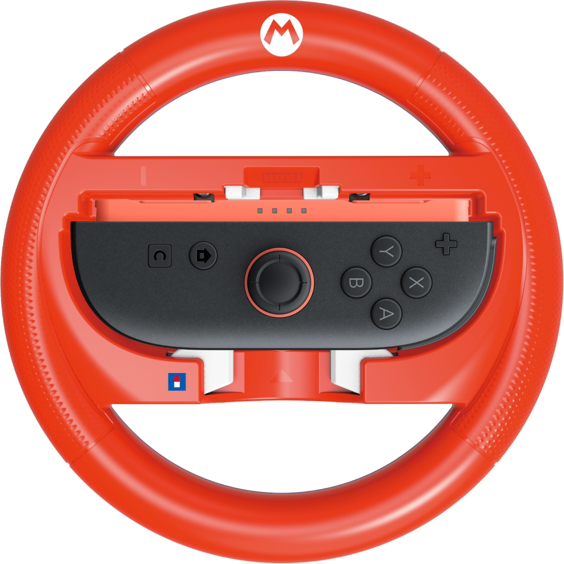 Ein rotes Lenkrad im Mario-Design für einen Nintendo Switch-Controller. Das Rad hat eine schwarze Mitte mit Knöpfen. Das Mario-Logo ist sichtbar.