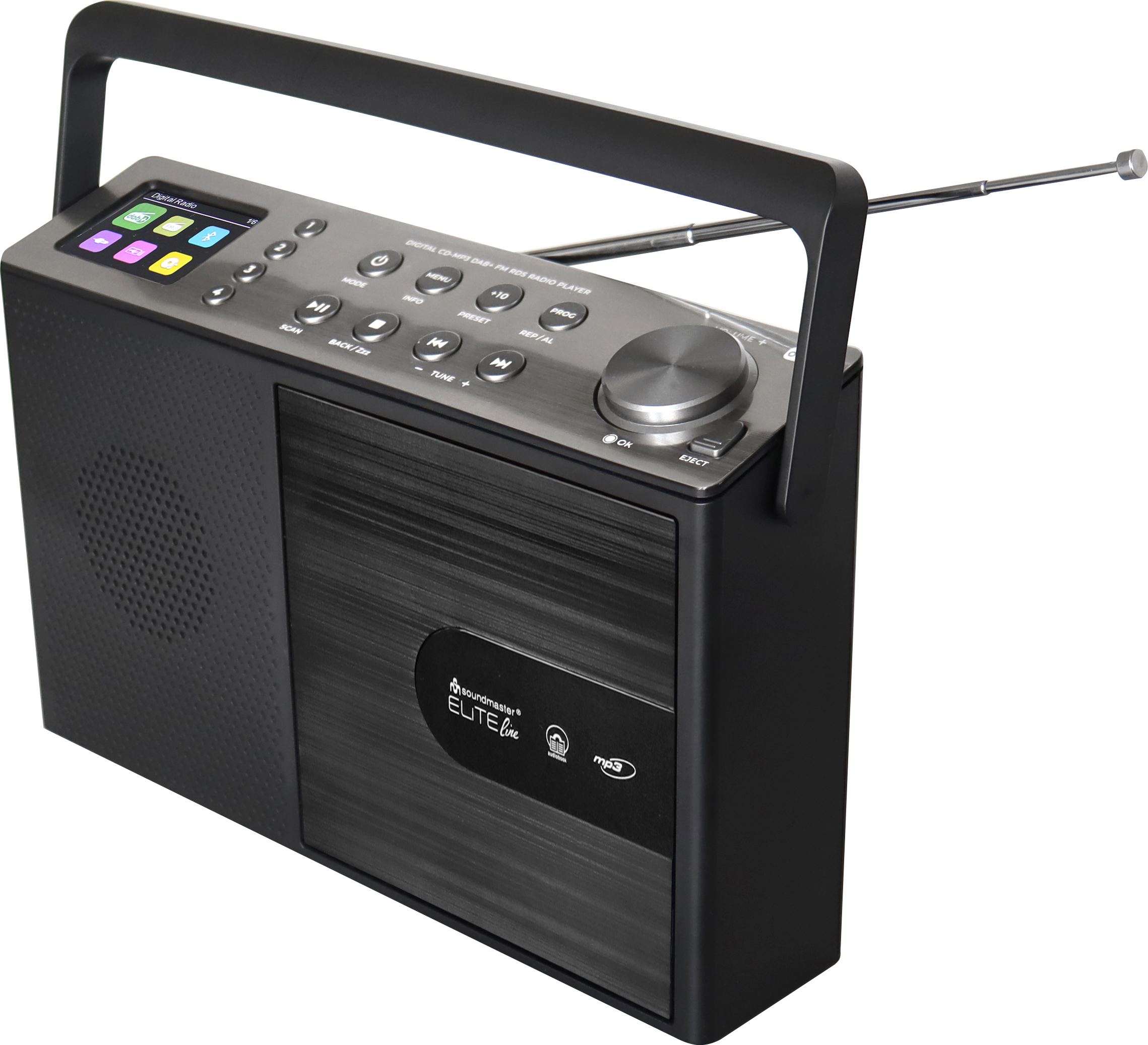 Une radio noire avec des boutons, un écran et une poignée. Elle a une antenne et un haut-parleur.