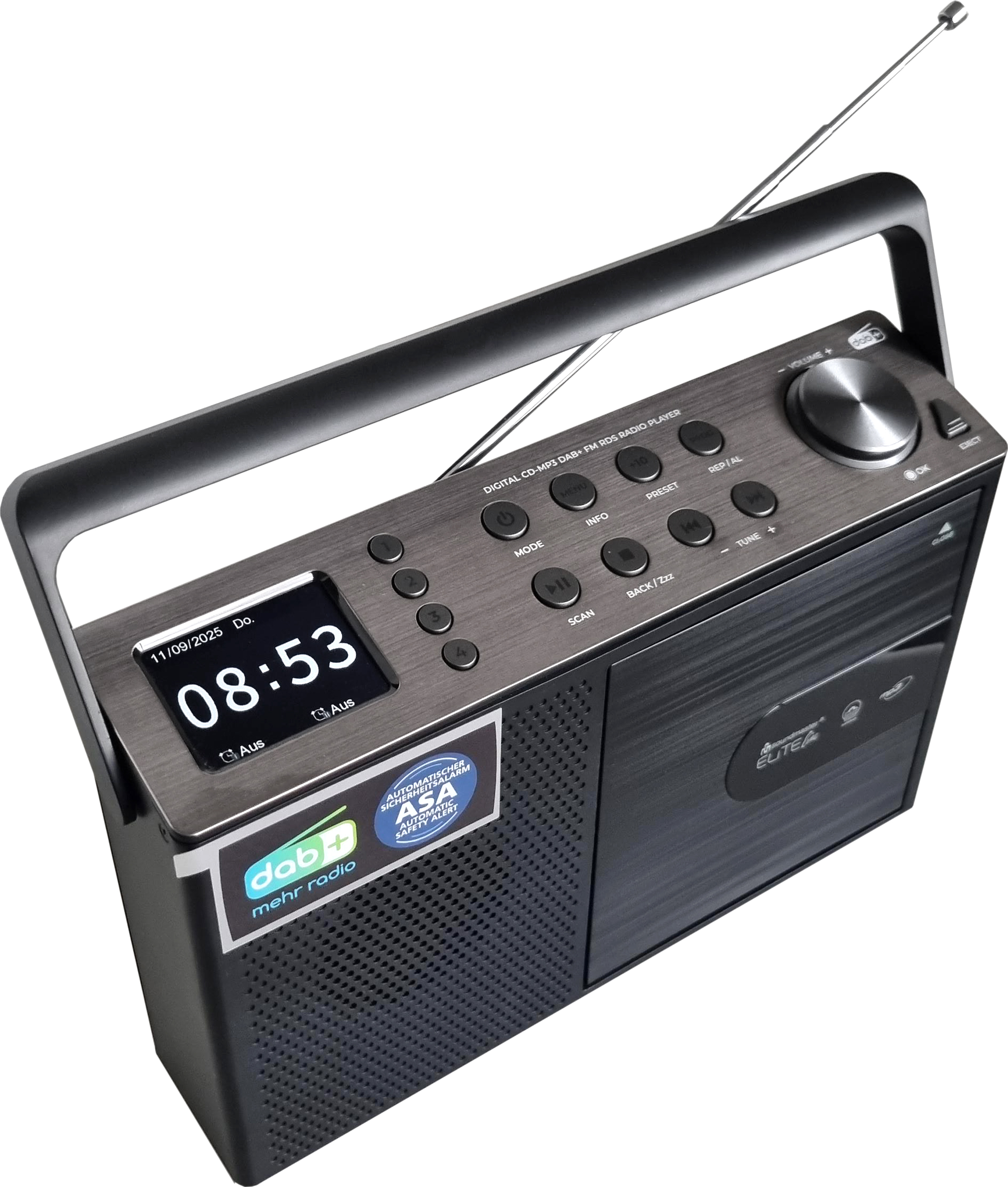 Une radio numérique noire et grise. Elle a un écran affichant l'heure et la date, avec des boutons et une poignée.