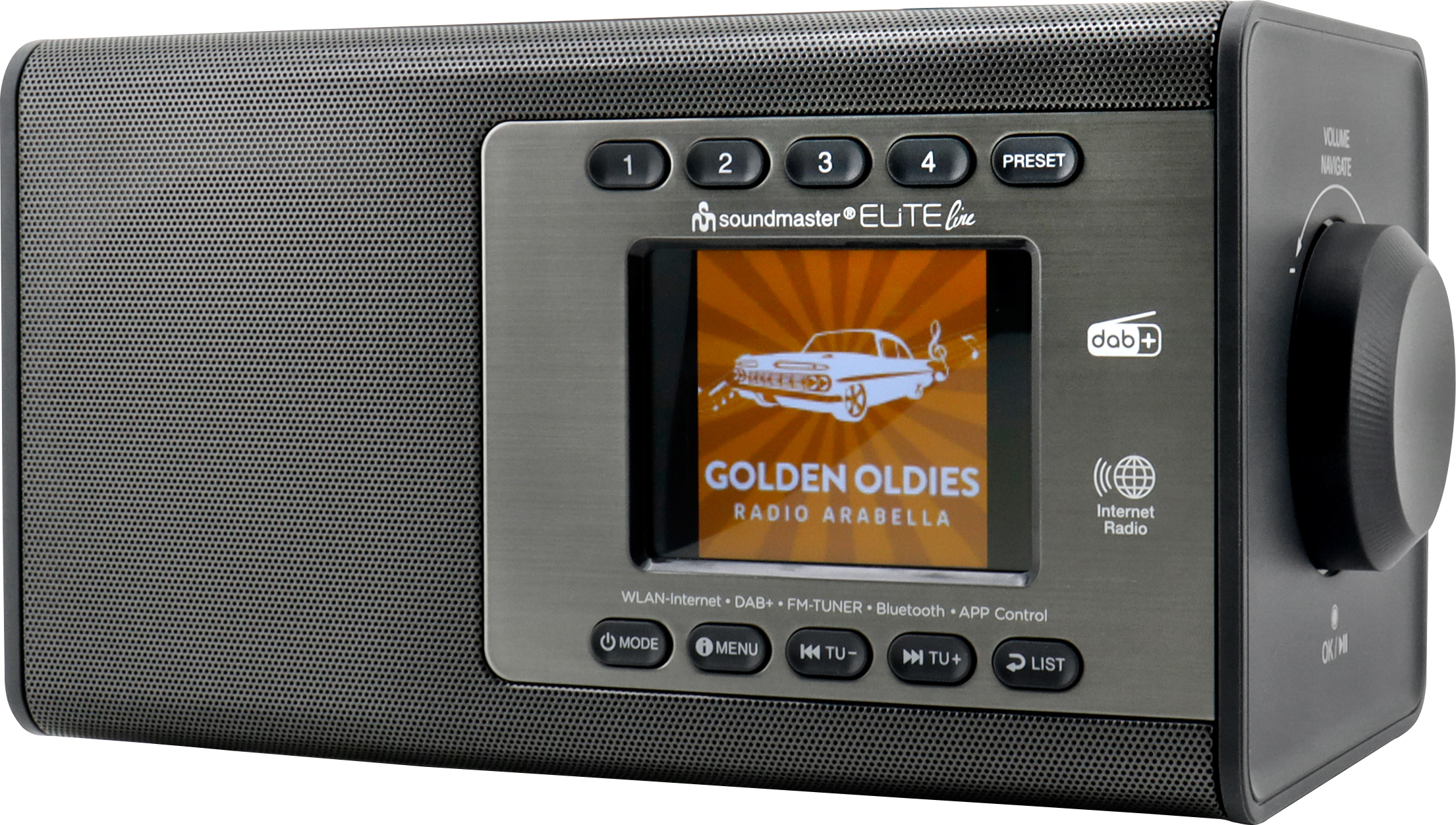 Une radio soundmaster gris foncé avec un écran affichant 'Golden Oldies'. Elle possède des boutons et un bouton de volume. L'écran montre une voiture.