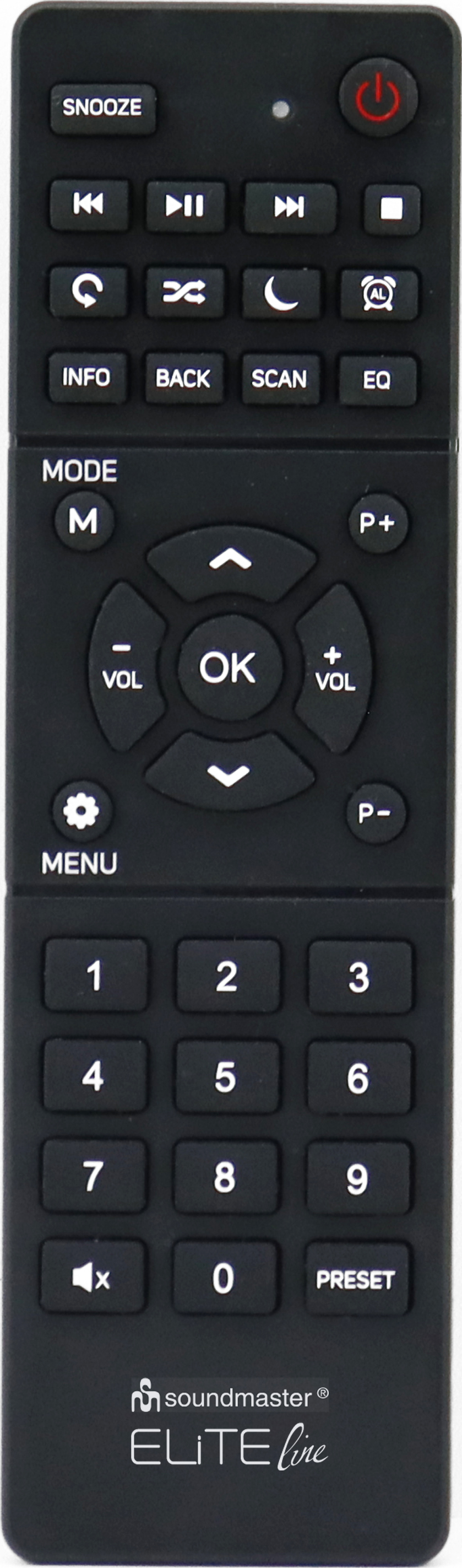 Télécommande noire avec de nombreux boutons, dont marche/arrêt, volume et touches numériques. Marque 'soundmaster' visible.