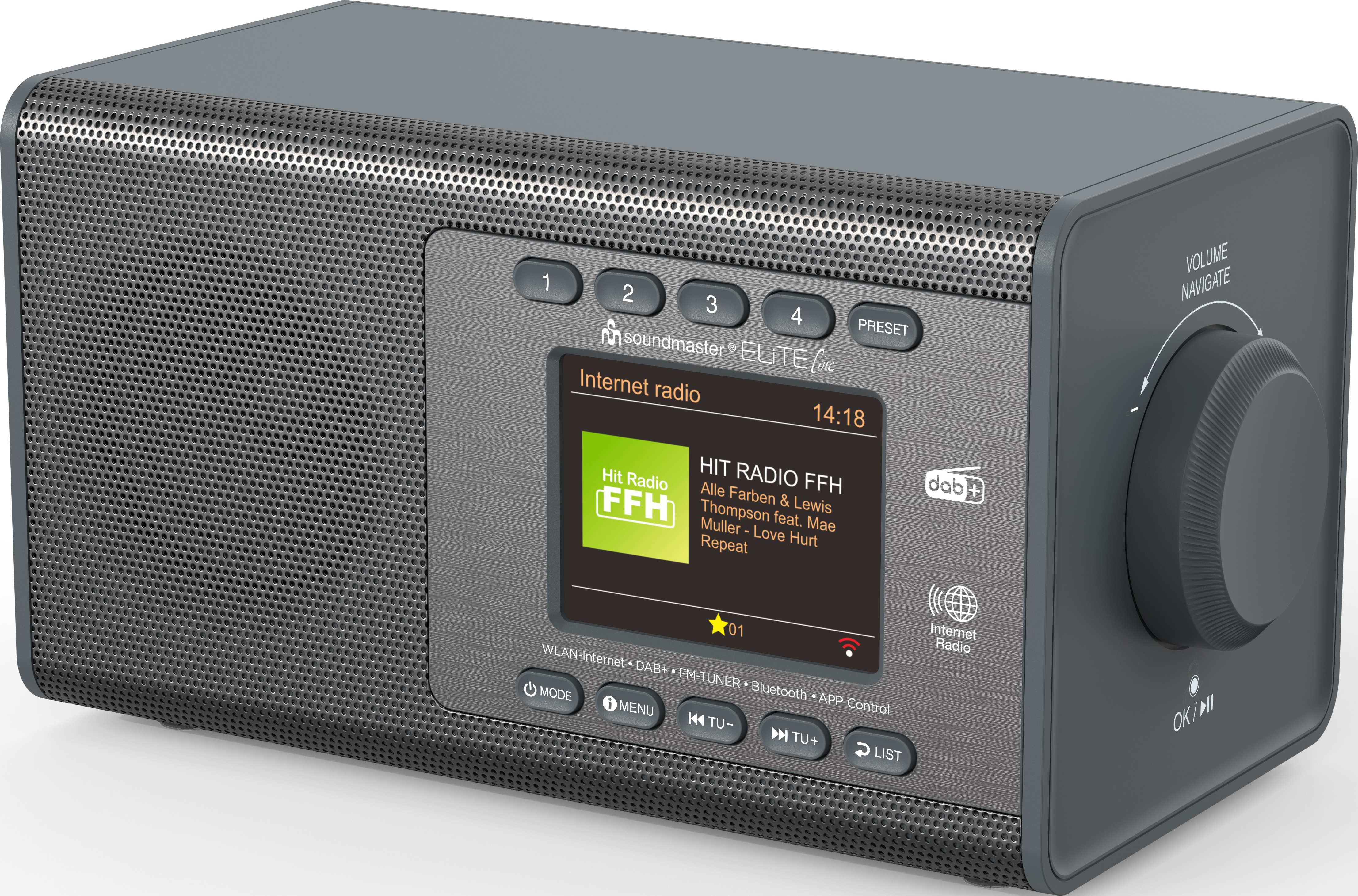 Une radio grise avec un écran affichant les informations de la station, des boutons et un bouton de volume. L'écran affiche 'HIT RADIO FFH'.