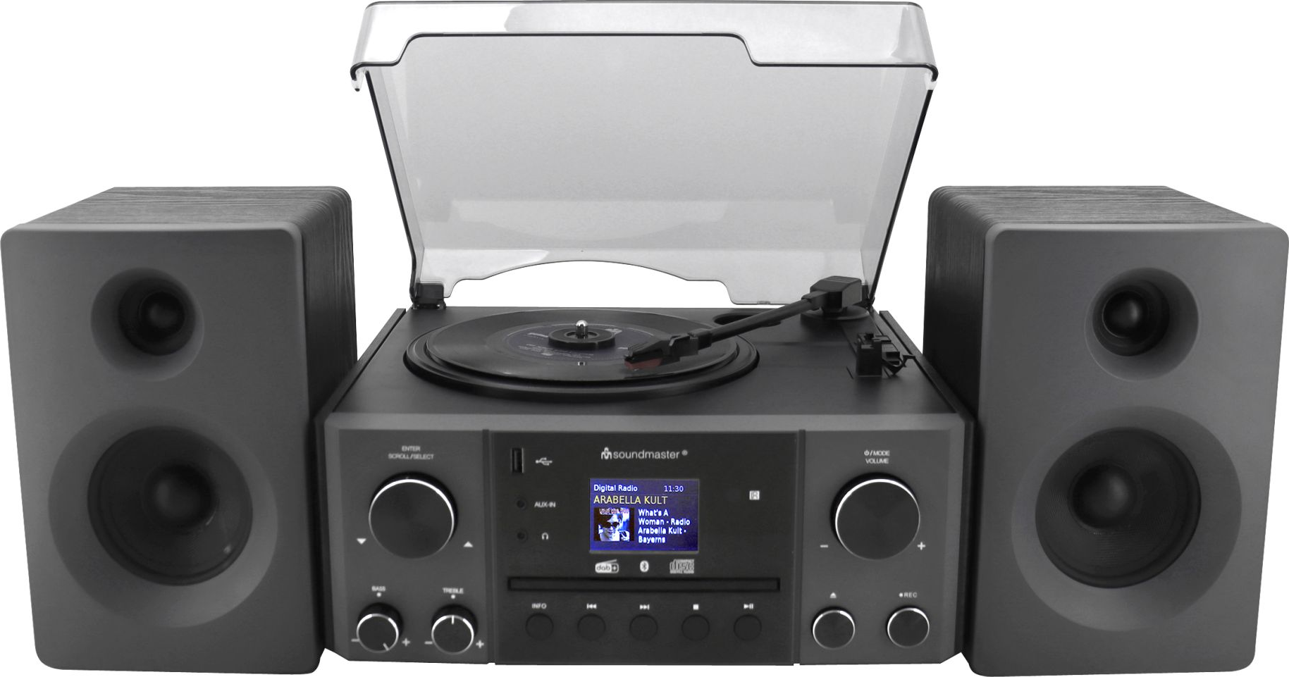 Un impianto stereo nero con giradischi, lettore CD e due altoparlanti. Il giradischi ha un disco sopra.