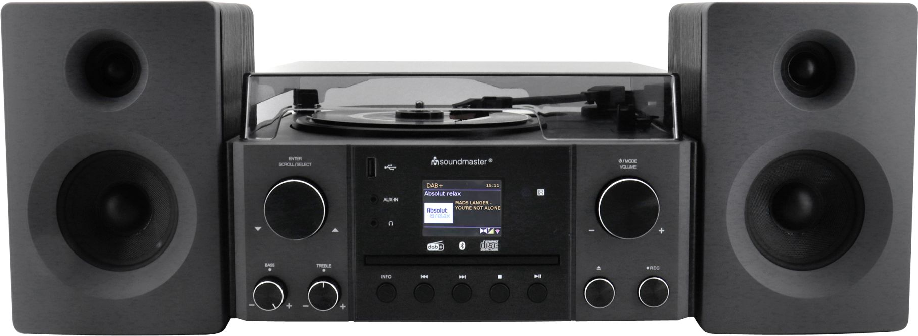 Un sistema stereo con altoparlanti, giradischi e display digitale. Il sistema ha una finitura grigio scuro. Il display mostra informazioni radio.