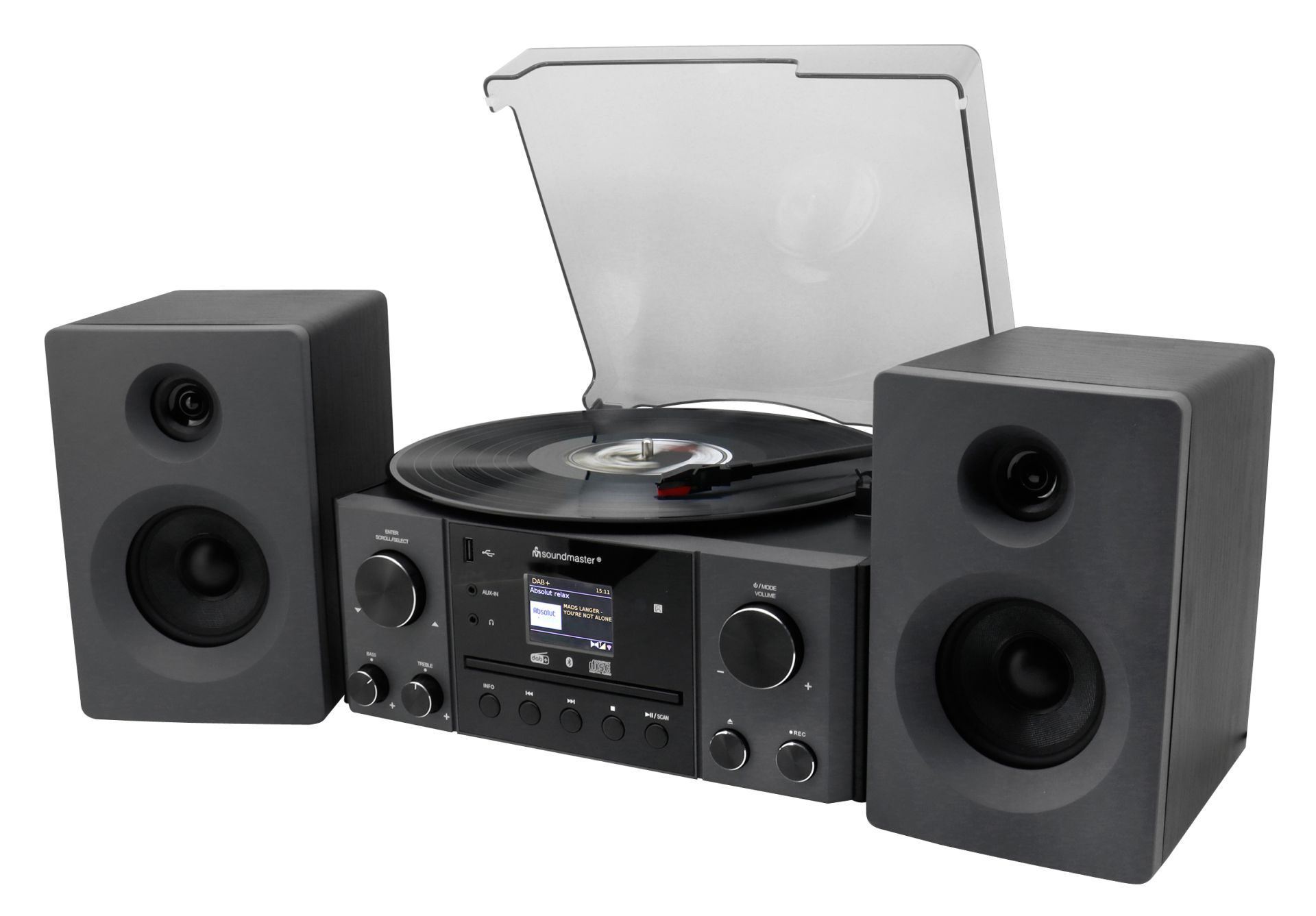 Un giradischi grigio scuro con due altoparlanti. Un disco sta suonando. Sono visibili controlli e un piccolo display.