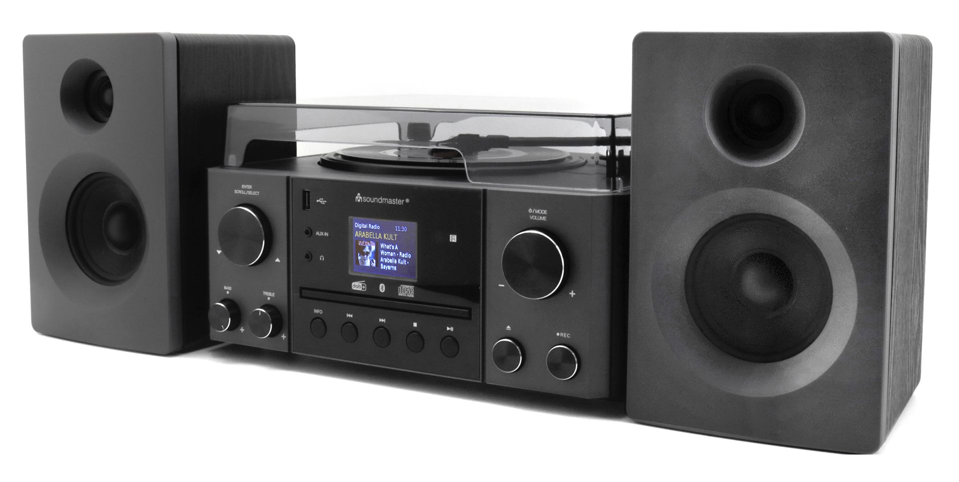 Un impianto stereo nero con altoparlanti su entrambi i lati, un lettore CD e un giradischi. Lo schermo mostra informazioni radio.