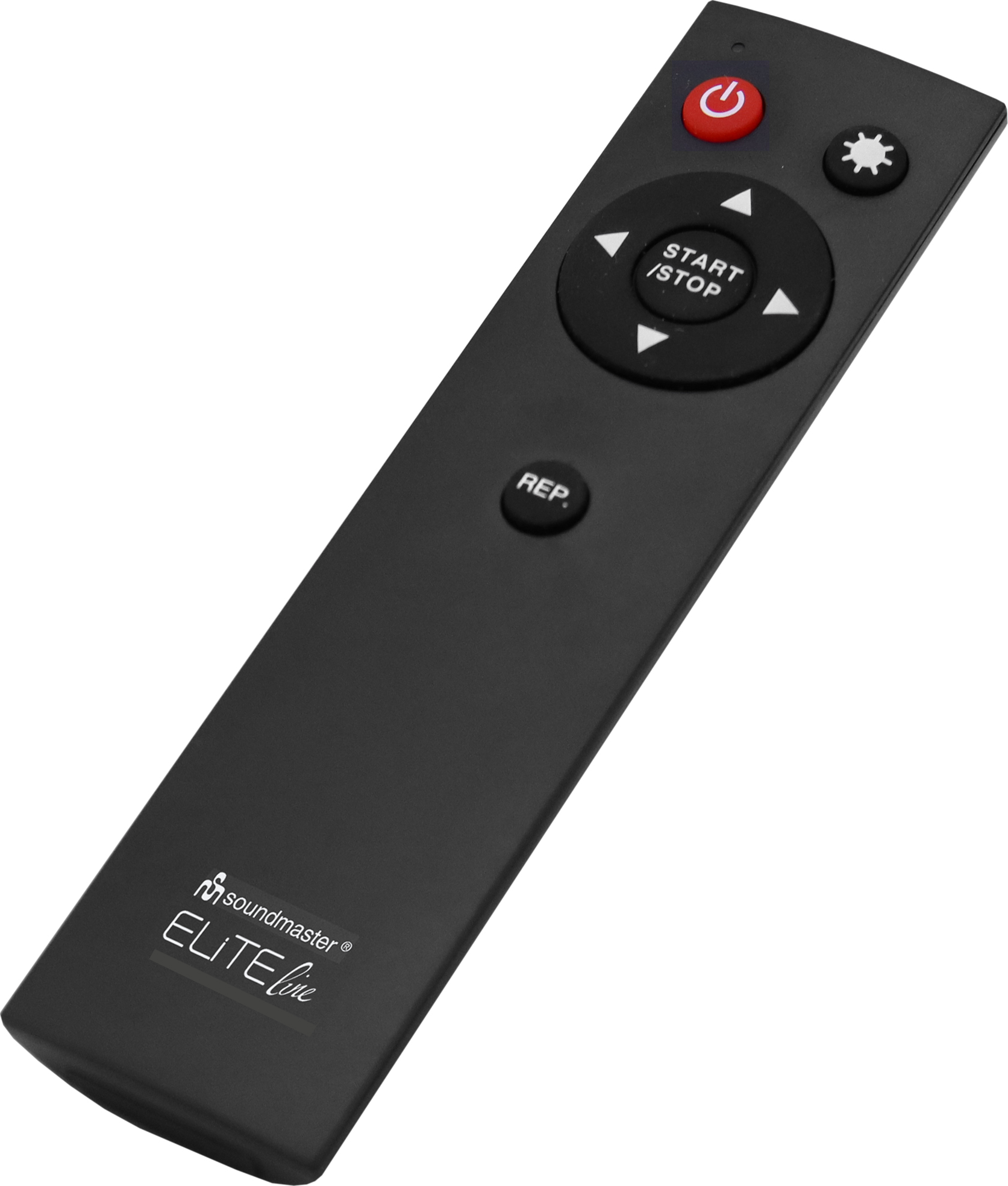 Télécommande noire avec bouton d'alimentation rouge, boutons directionnels et autres boutons de fonction. Marque visible.